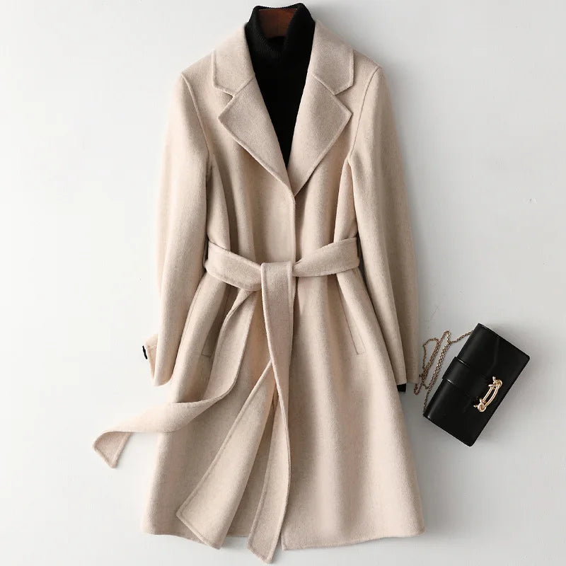 Rhona | Notch Lapel Self Belted Flared Wool Coat - View 19