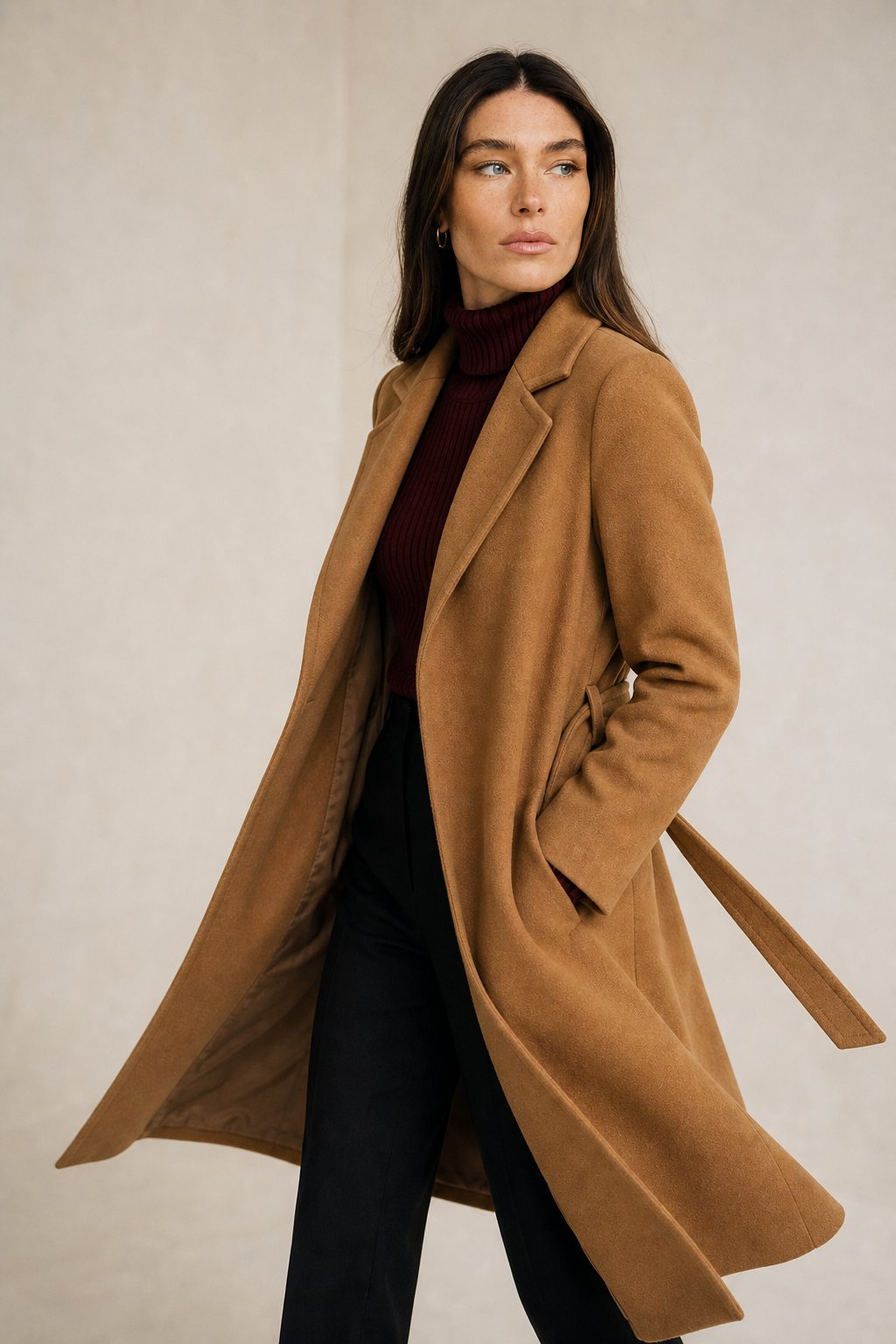 Rhona | Notch Lapel Self Belted Flared Wool Coat - View 2