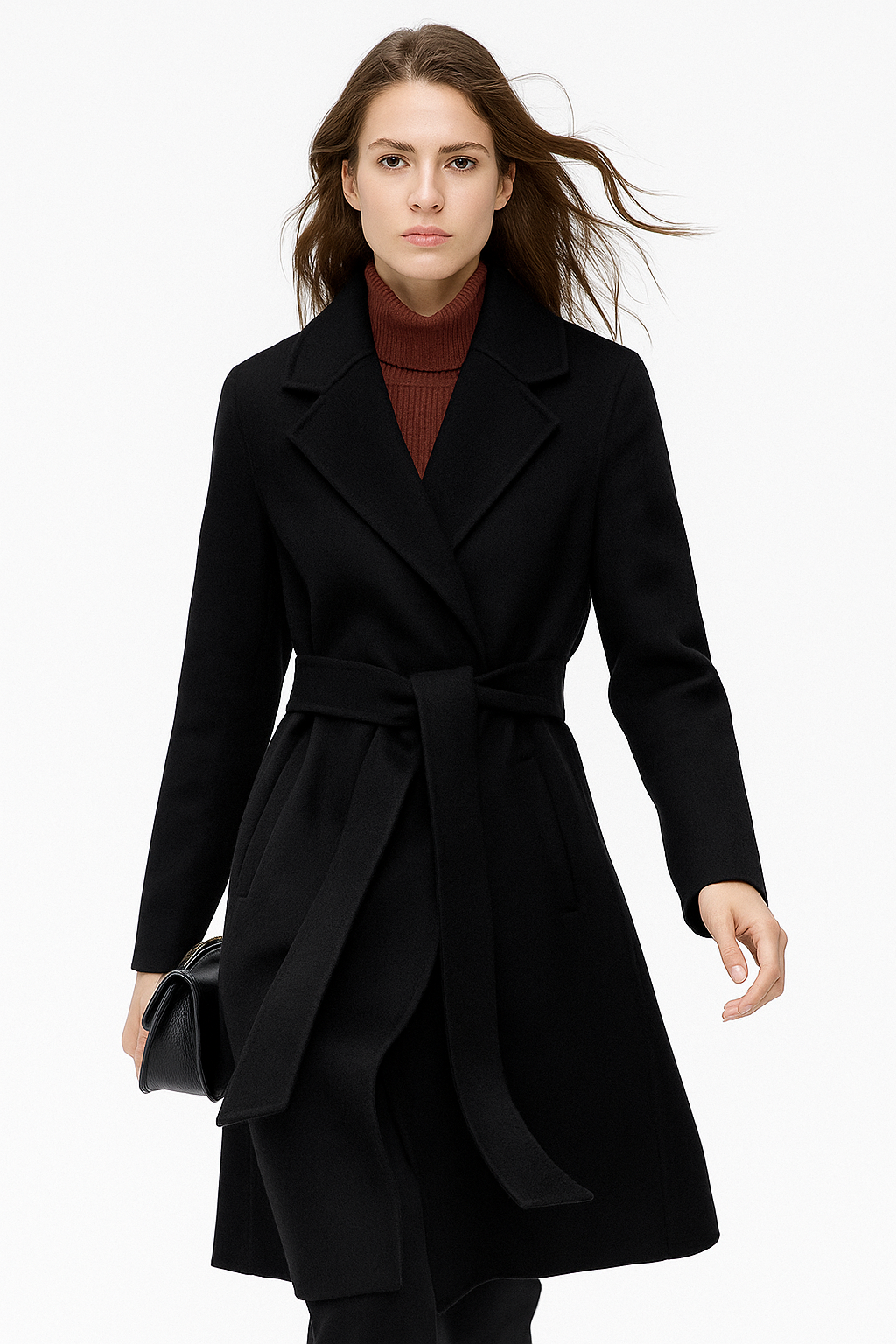 Rhona | Notch Lapel Self Belted Flared Wool Coat - View 20