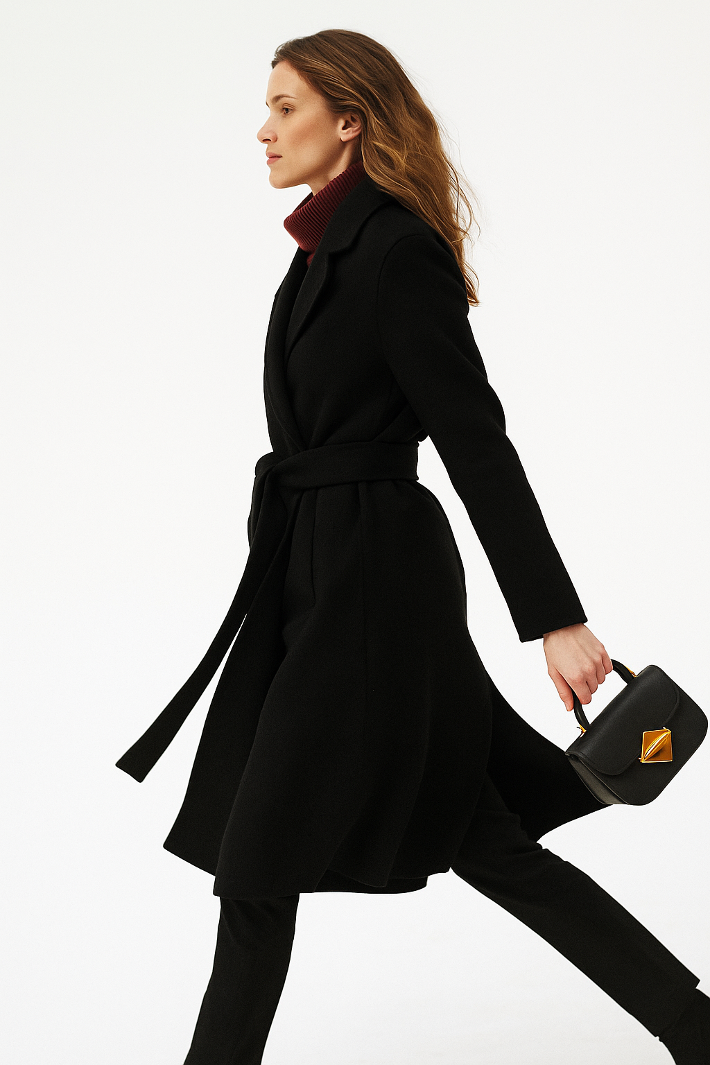 Rhona | Notch Lapel Self Belted Flared Wool Coat - View 21