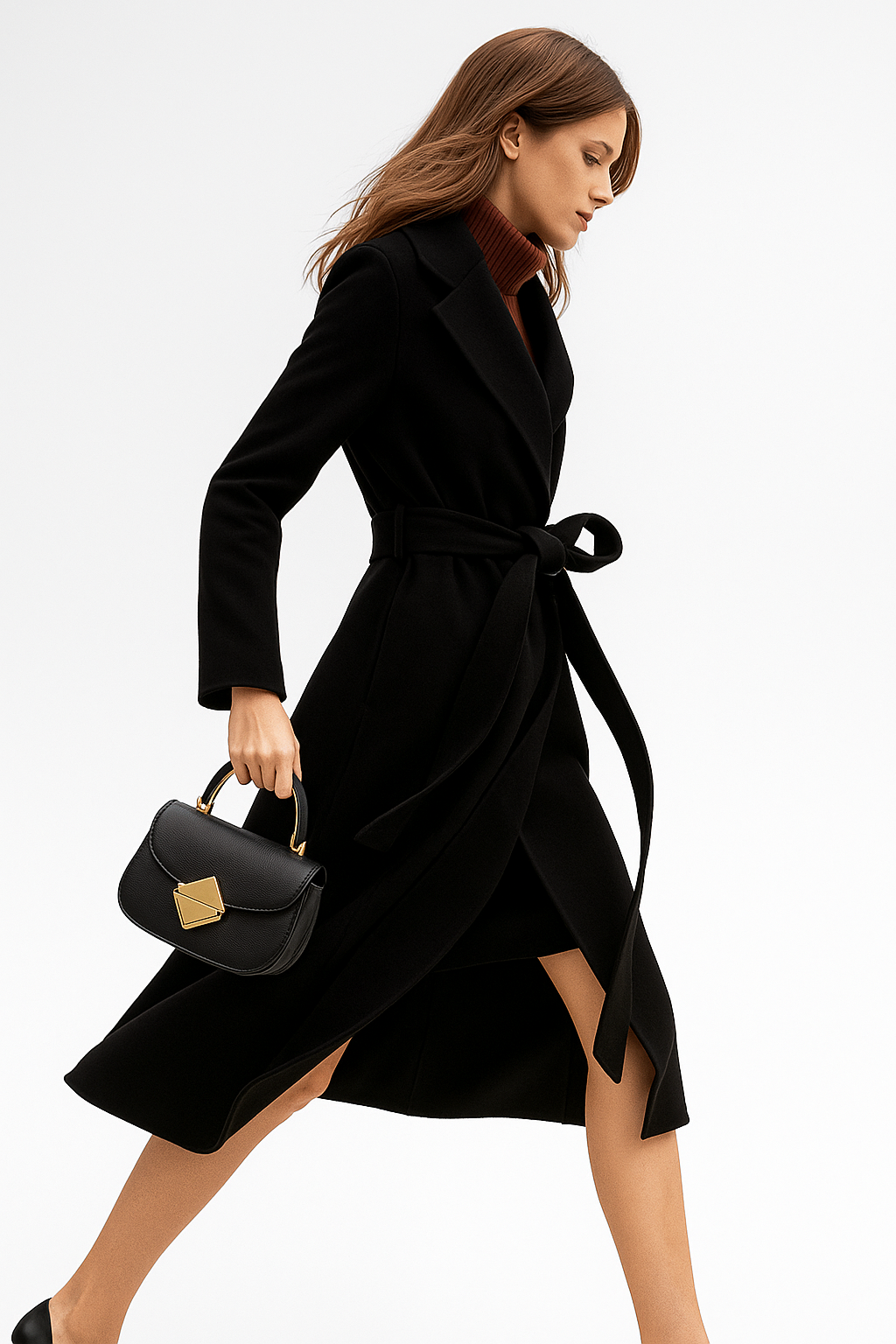 Rhona | Notch Lapel Self Belted Flared Wool Coat - View 22