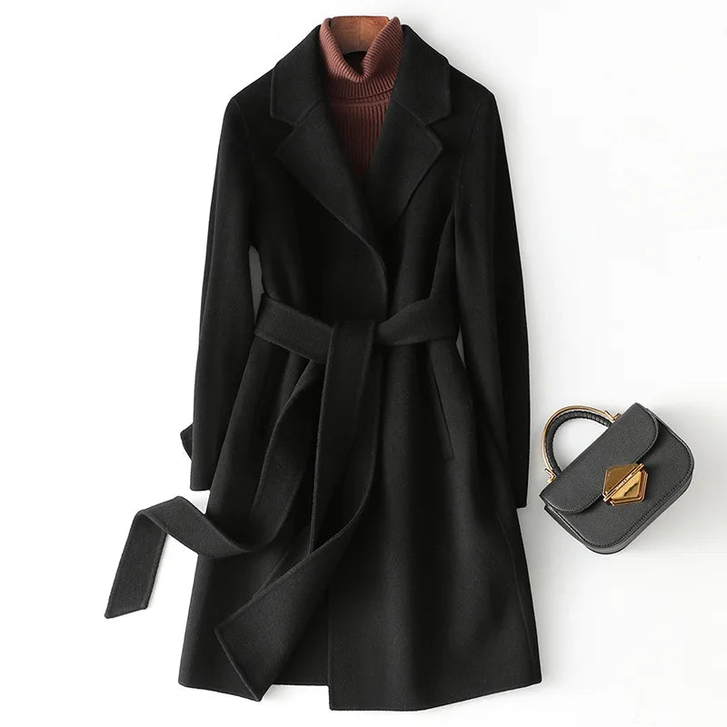 Rhona | Notch Lapel Self Belted Flared Wool Coat - View 23