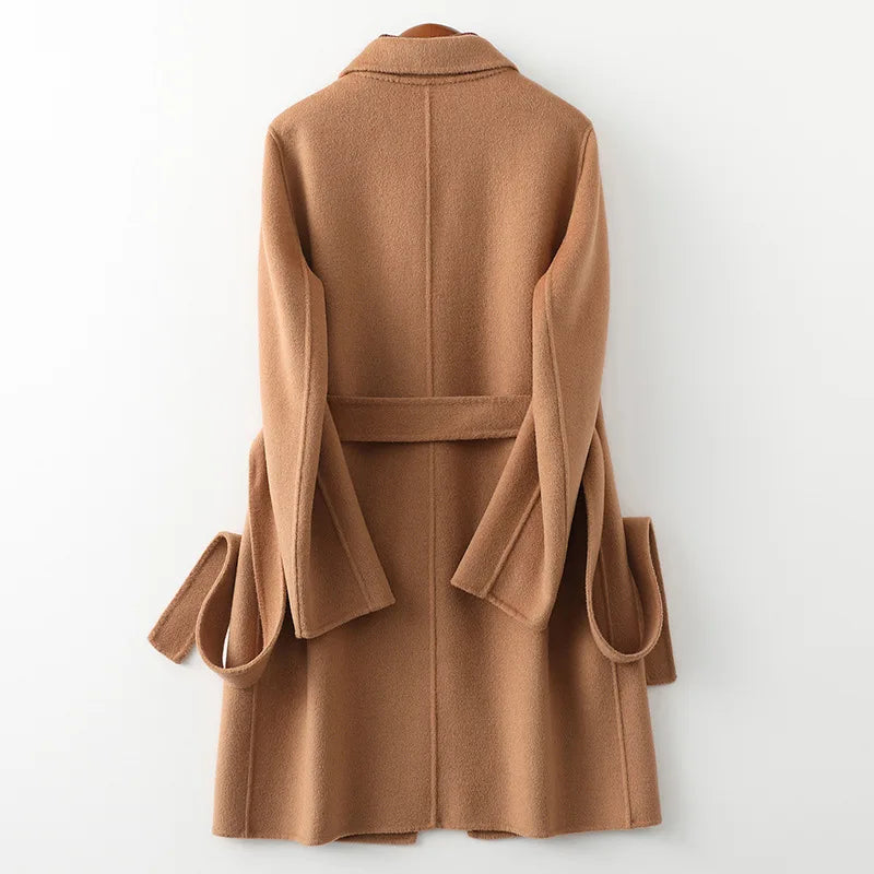 Rhona | Notch Lapel Self Belted Flared Wool Coat - View 24