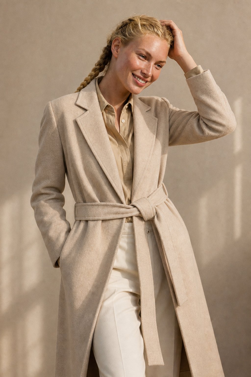 Rhona | Notch Lapel Self Belted Flared Wool Coat - View 3