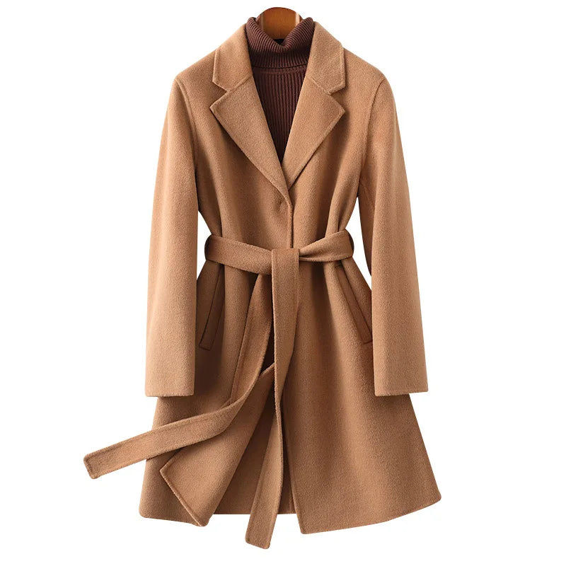 Rhona | Notch Lapel Self Belted Flared Wool Coat - View 30