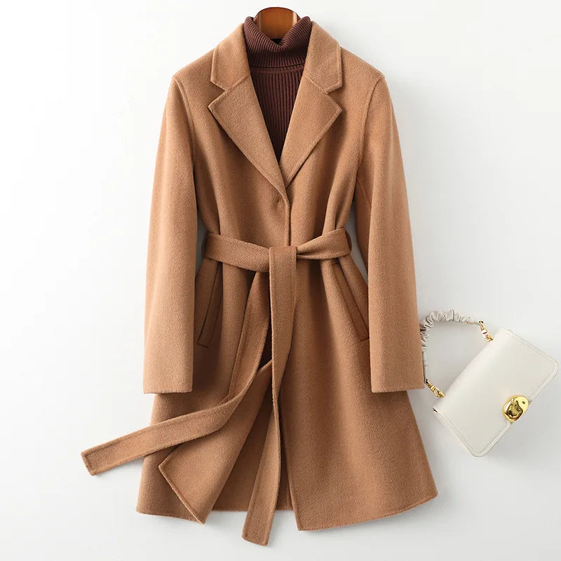 Rhona | Notch Lapel Self Belted Flared Wool Coat - View 31