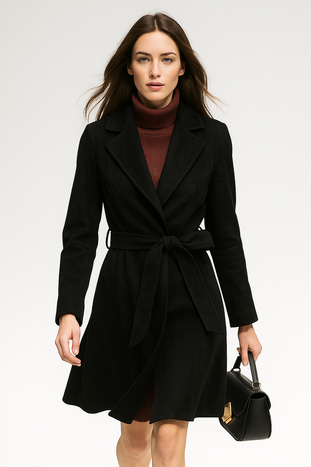 Rhona | Notch Lapel Self Belted Flared Wool Coat - View 33