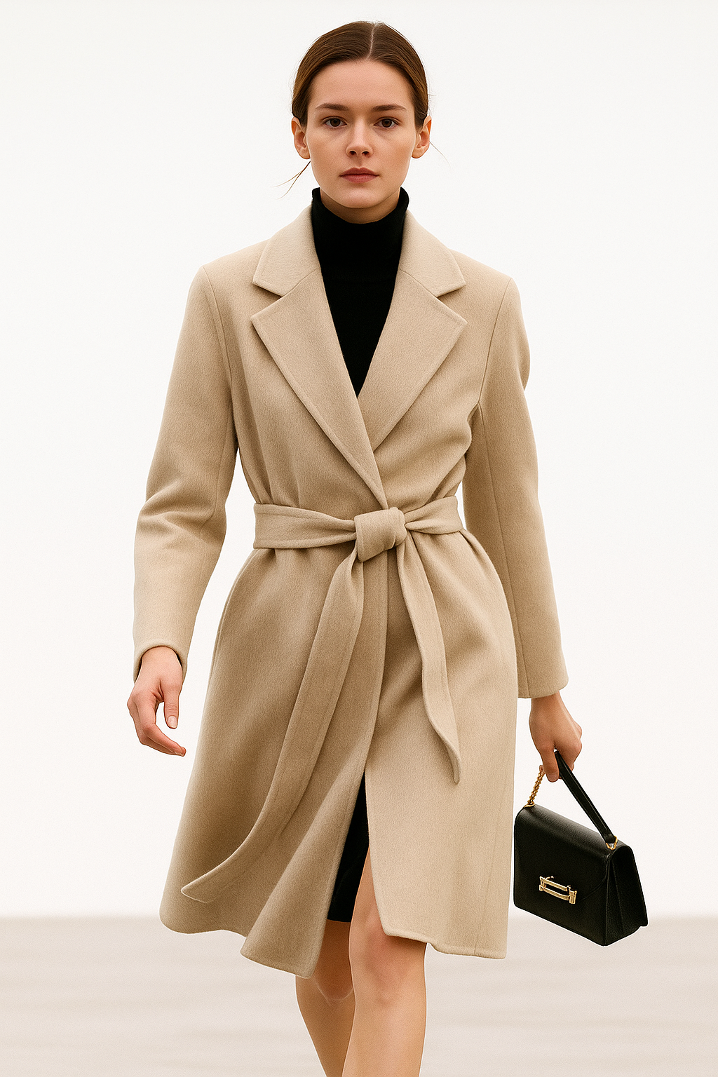 Rhona | Notch Lapel Self Belted Flared Wool Coat - View 34