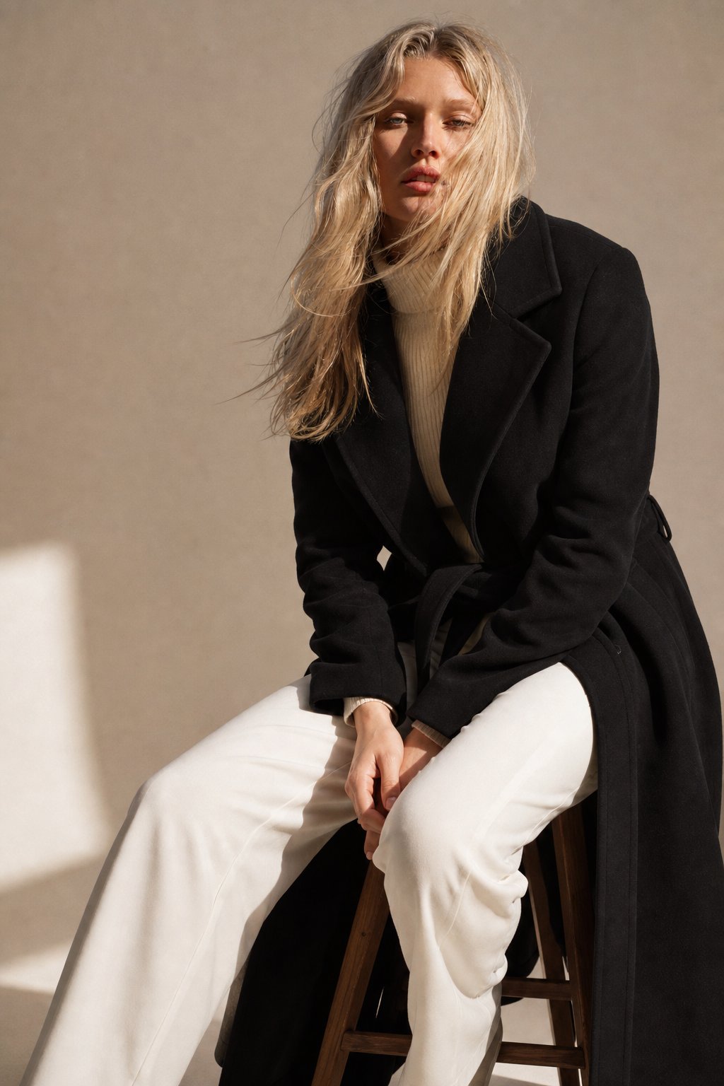 Rhona | Notch Lapel Self Belted Flared Wool Coat - View 5