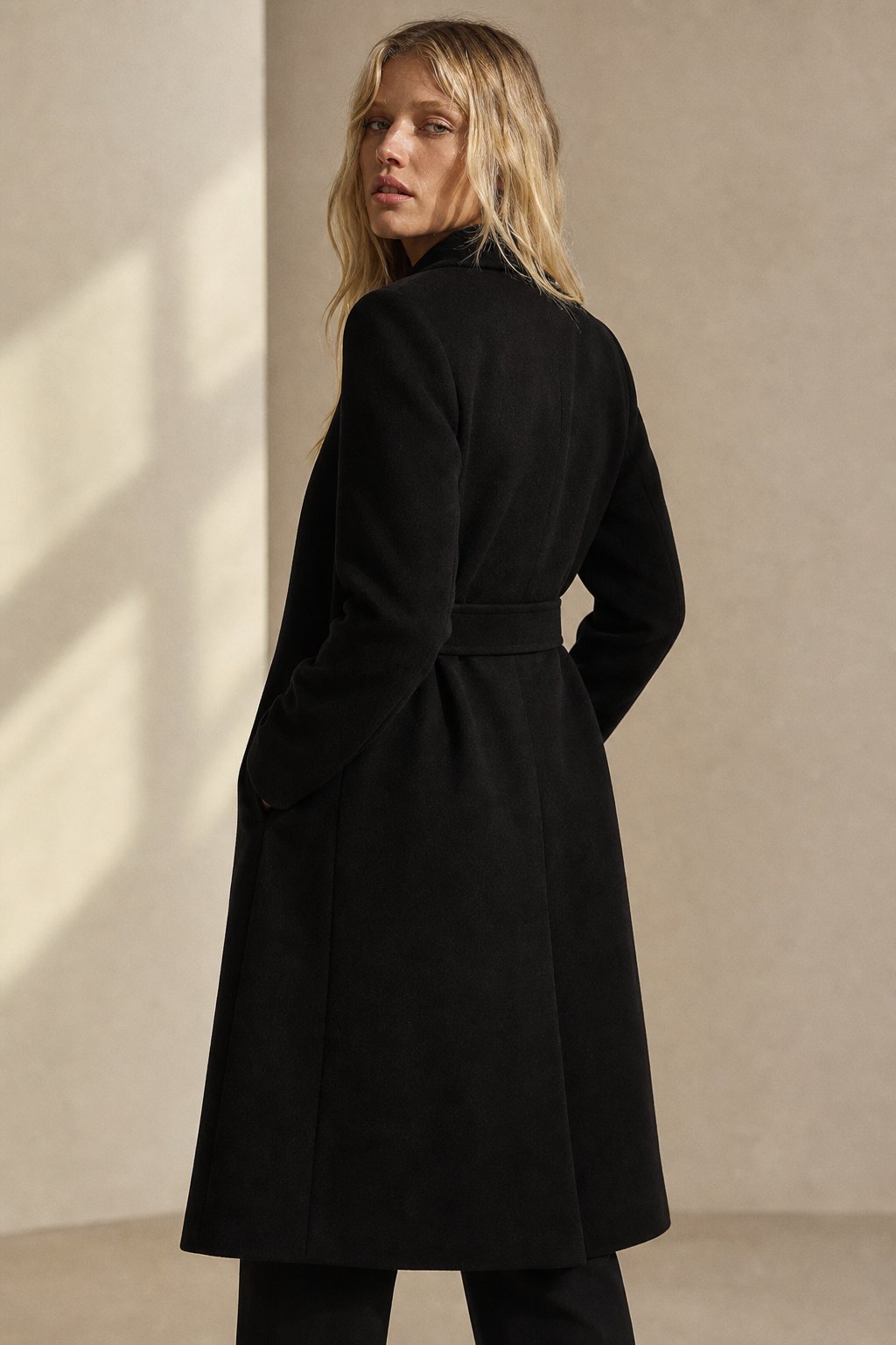 Rhona | Notch Lapel Self Belted Flared Wool Coat - View 6