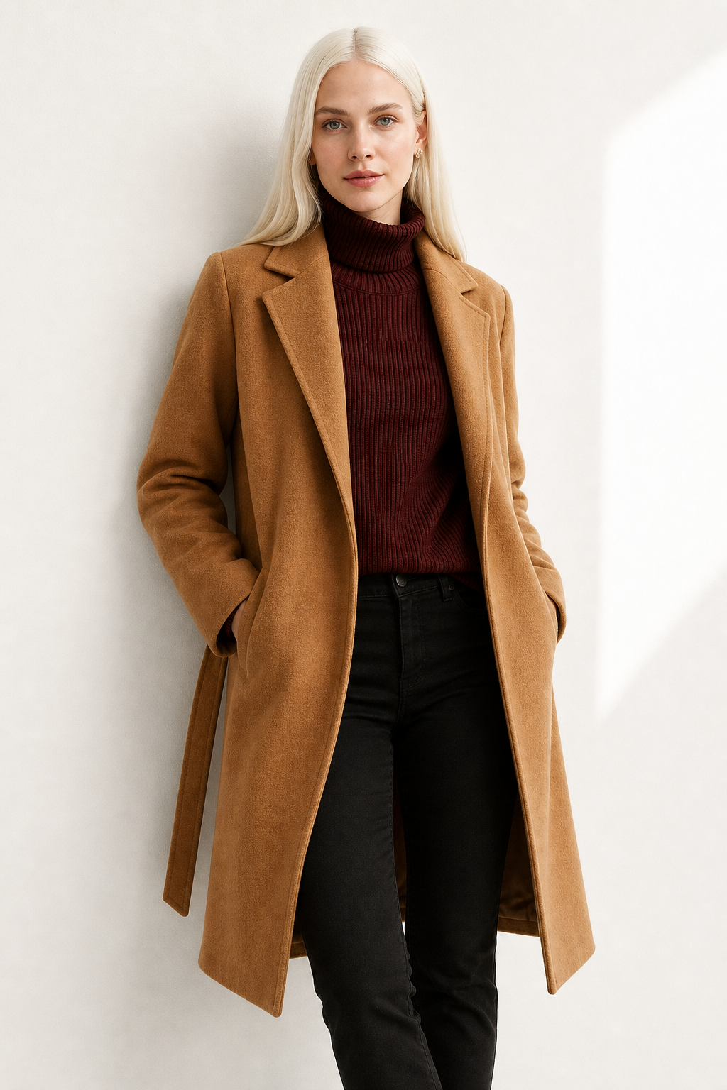 Rhona | Notch Lapel Self Belted Flared Wool Coat - View 7