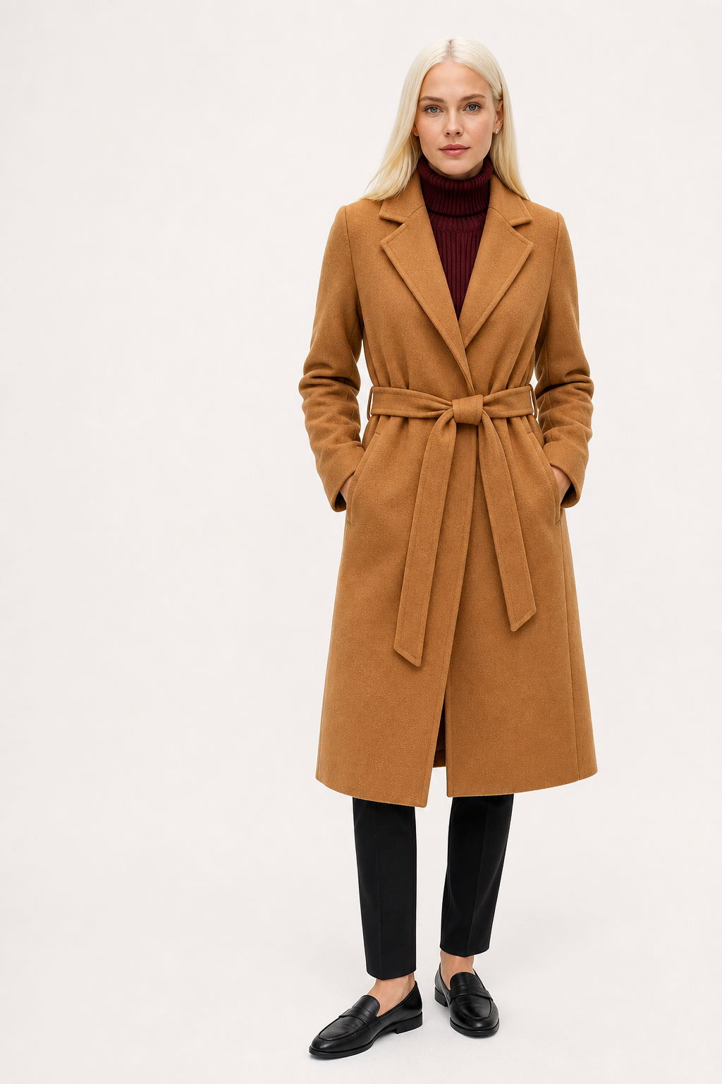 Rhona | Notch Lapel Self Belted Flared Wool Coat - View 8