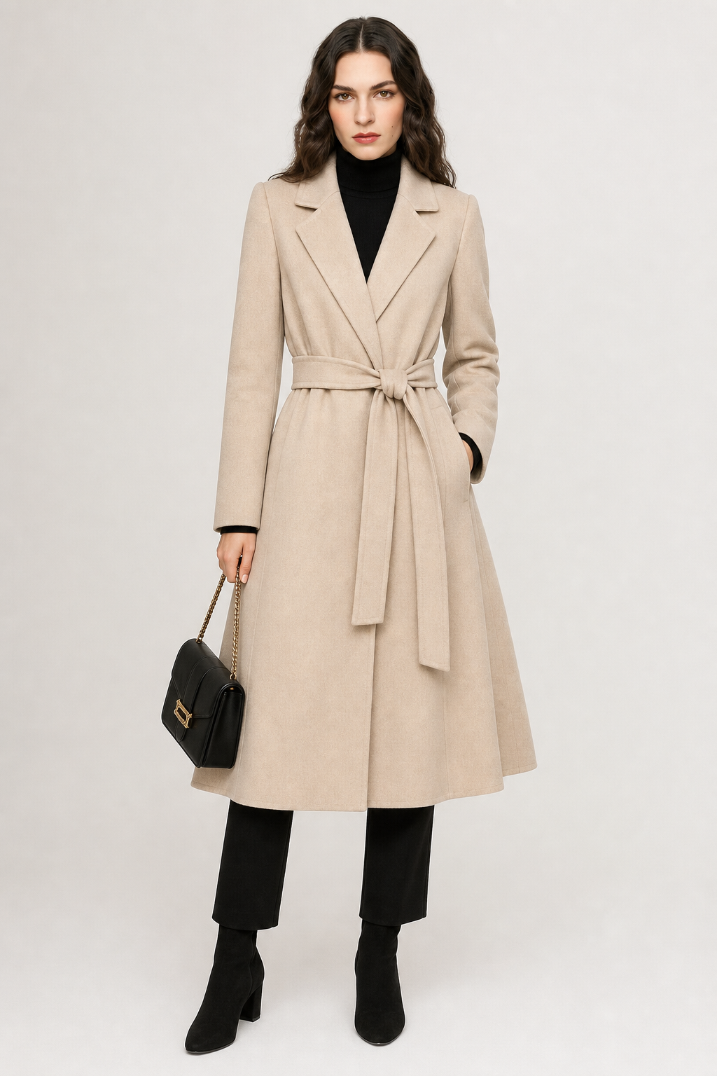 Rhona | Notch Lapel Self Belted Flared Wool Coat - View 9