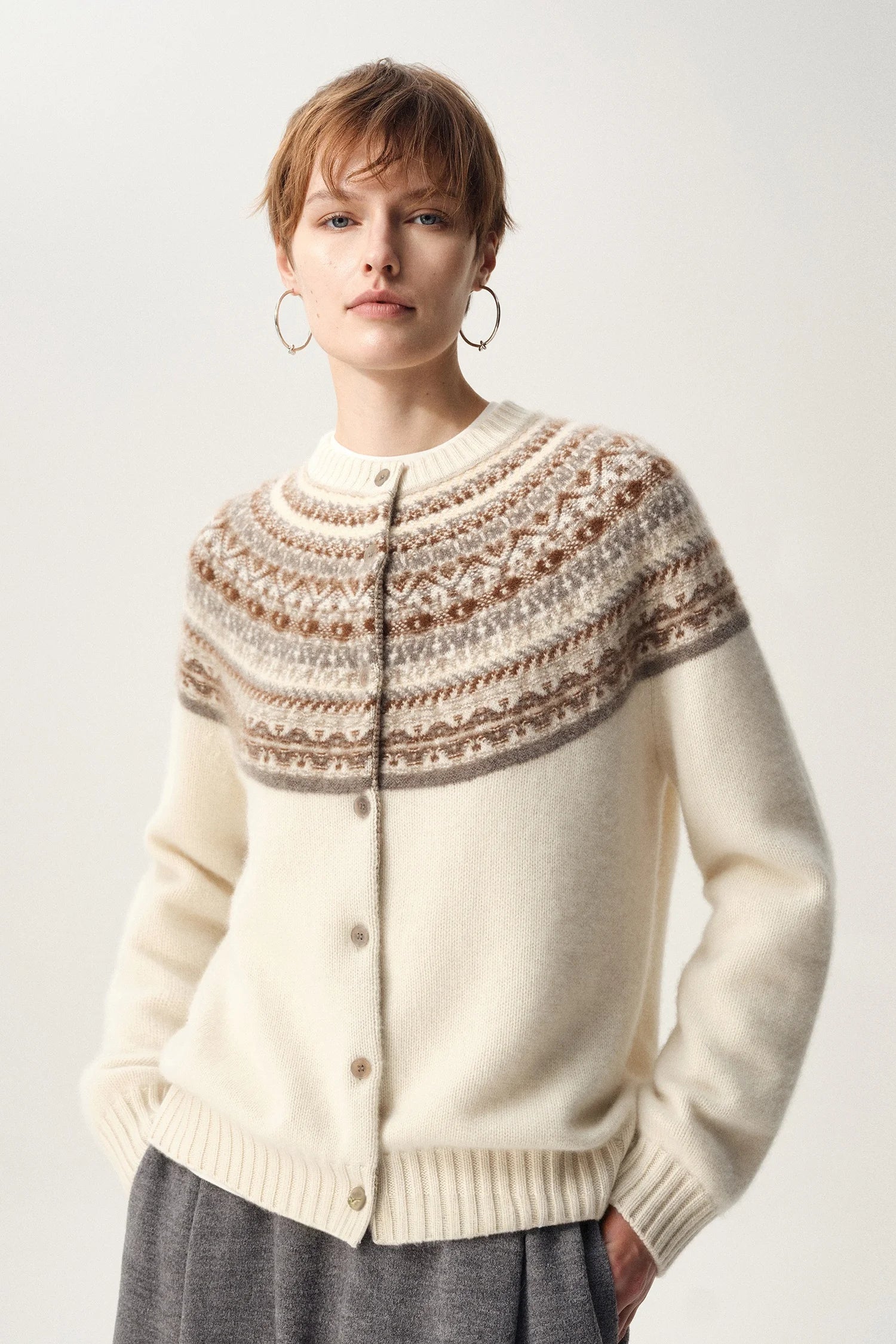 Romy | Fair Isle Yoke Button Front Boxy Knit Cardigan