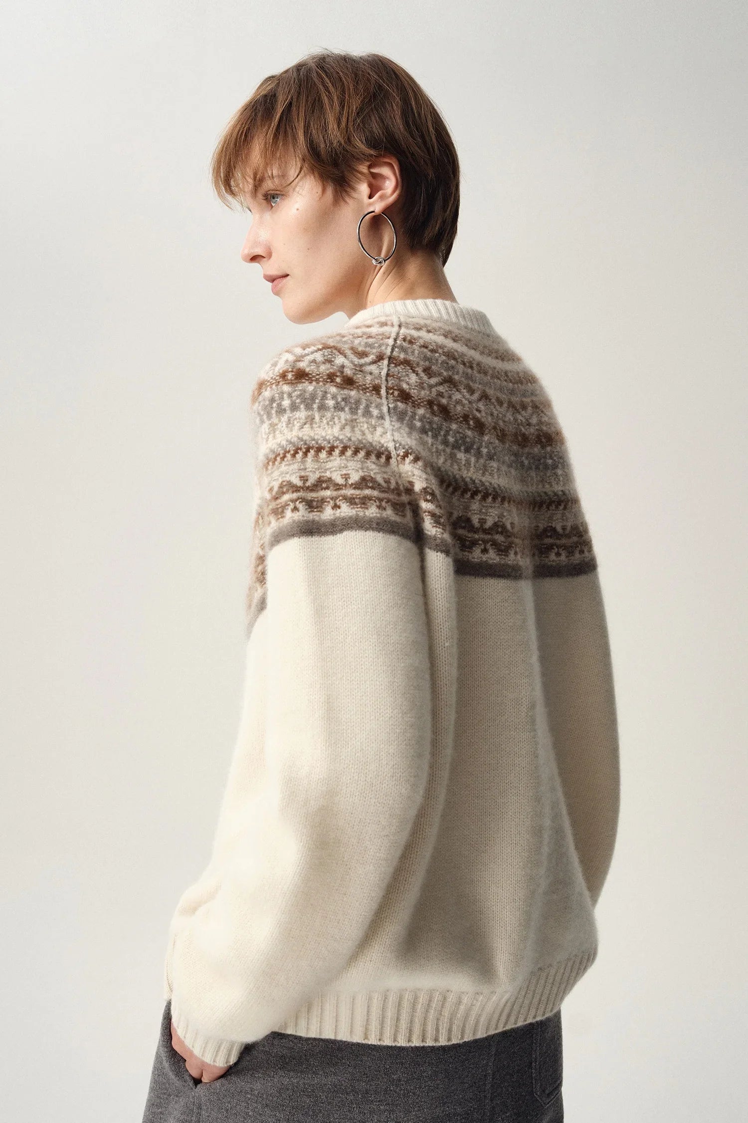 Romy | Fair Isle Yoke Button Front Boxy Knit Cardigan - View 2