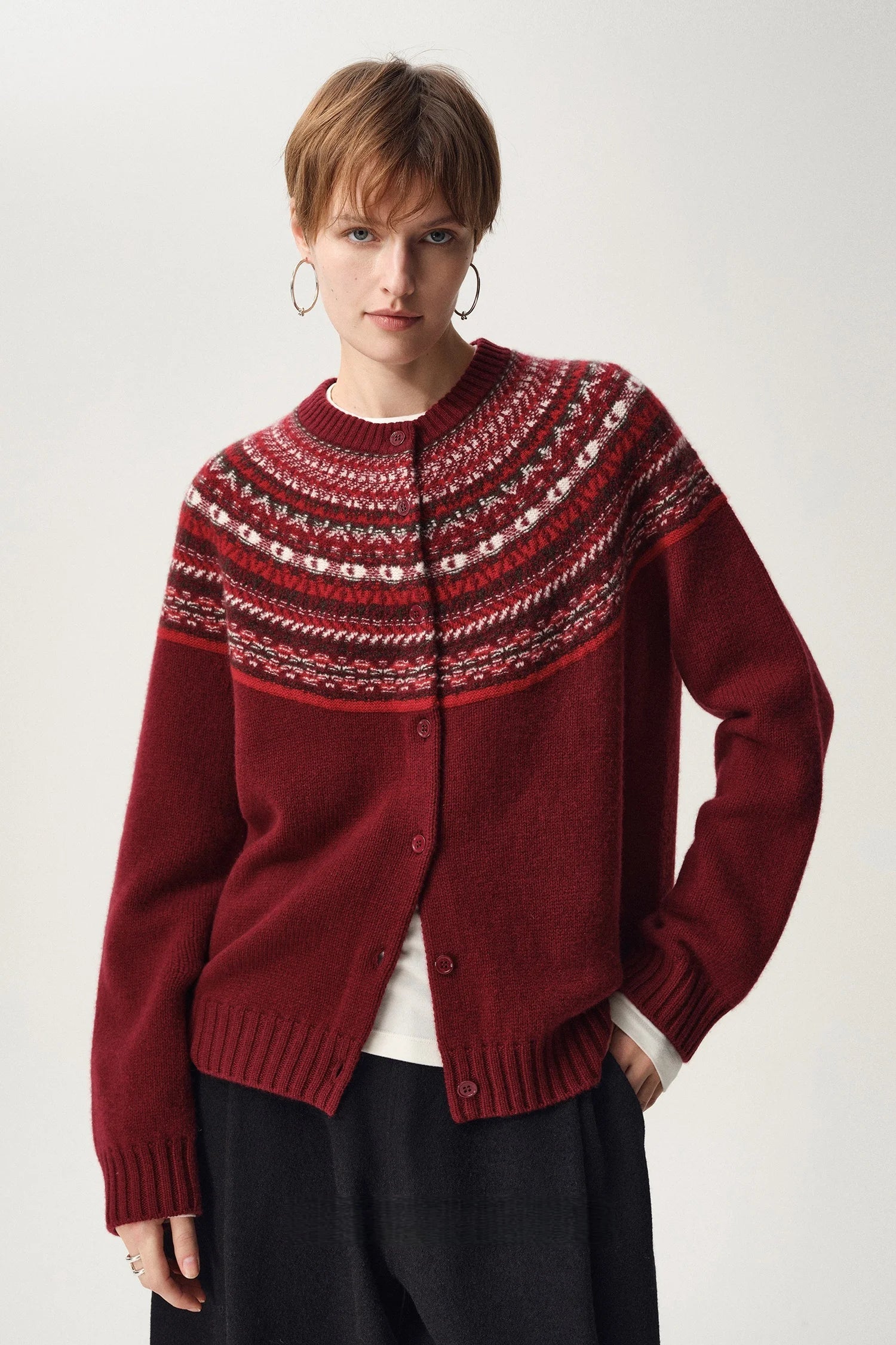Romy | Fair Isle Yoke Button Front Boxy Knit Cardigan - View 3