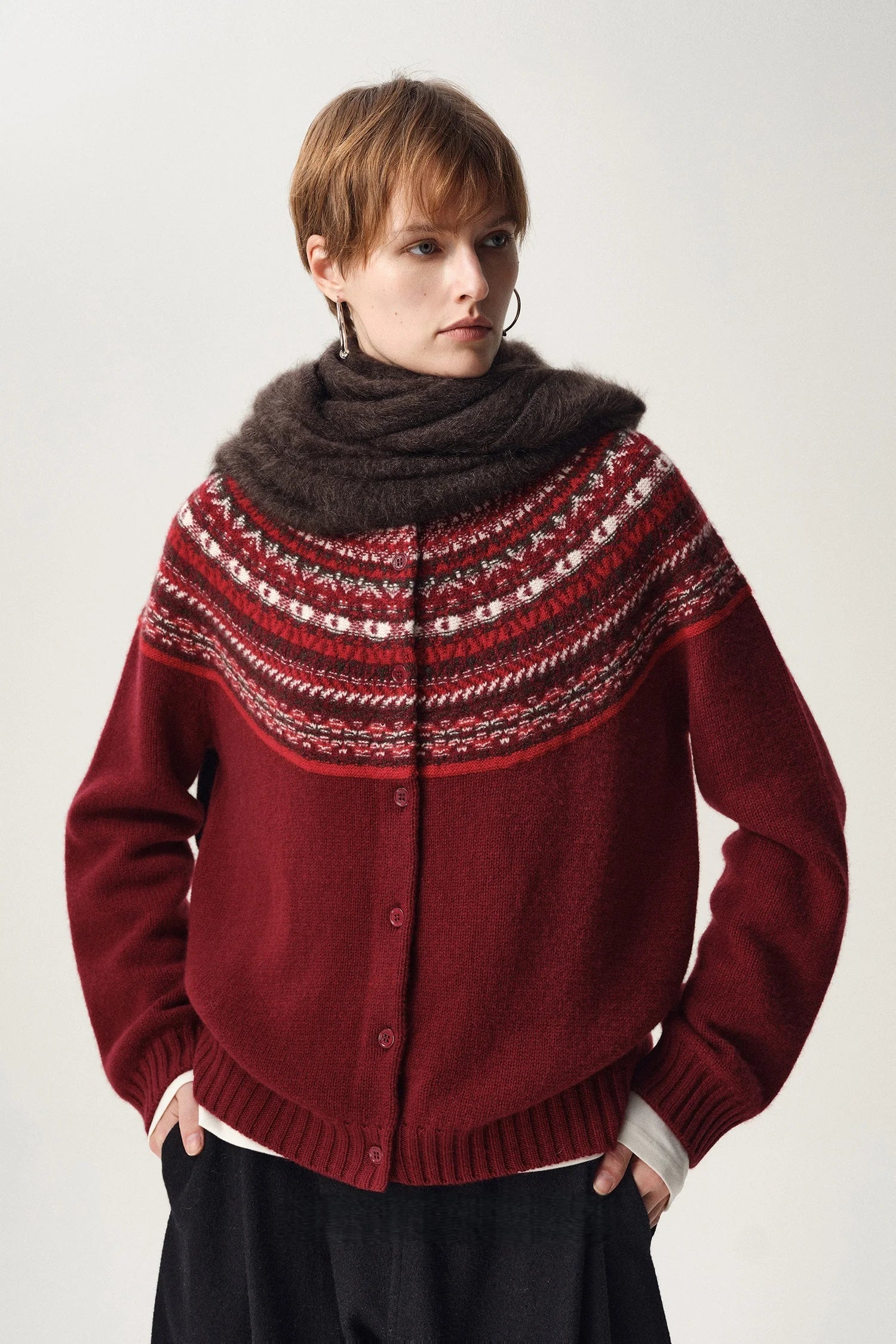 Romy | Fair Isle Yoke Button Front Boxy Knit Cardigan - View 4
