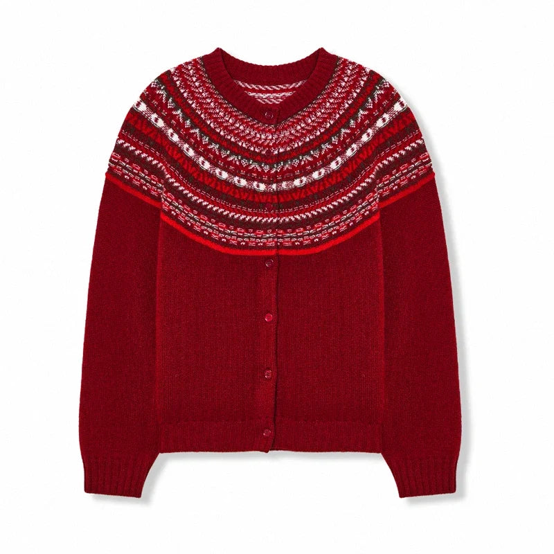 Romy | Fair Isle Yoke Button Front Boxy Knit Cardigan - View 5