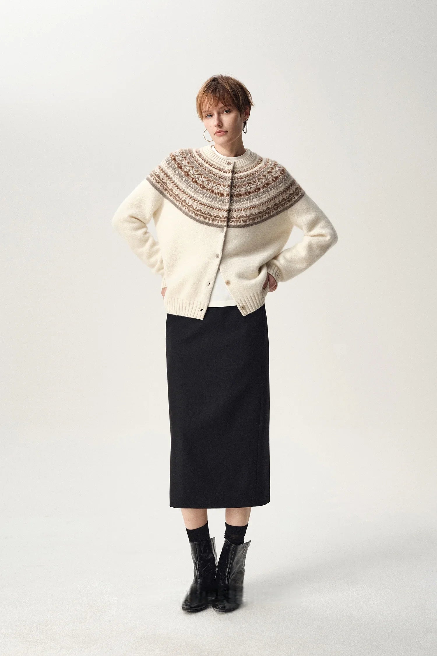 Romy | Fair Isle Yoke Button Front Boxy Knit Cardigan - View 6