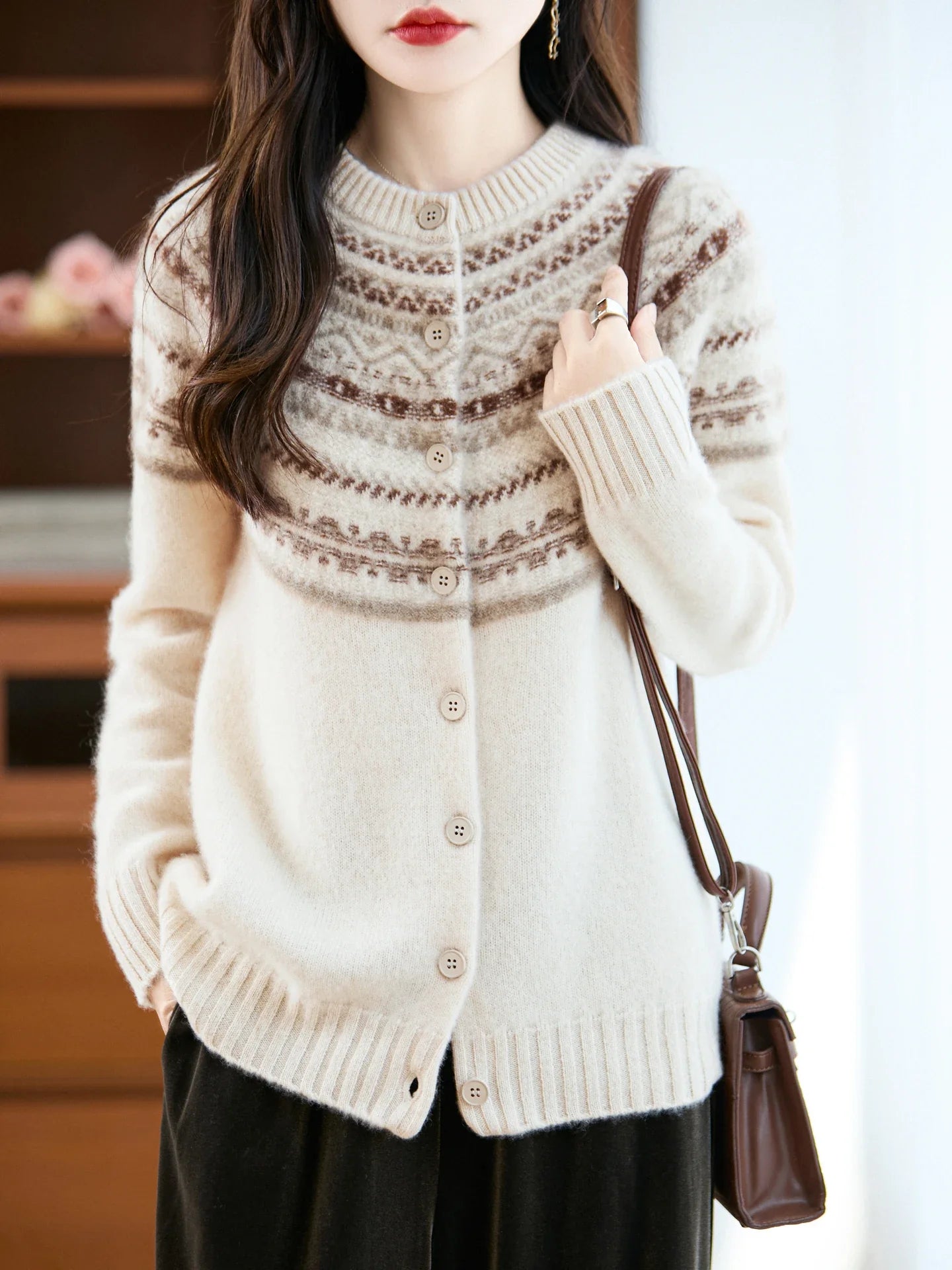 Romy | Fair Isle Yoke Button Front Boxy Knit Cardigan - View 7