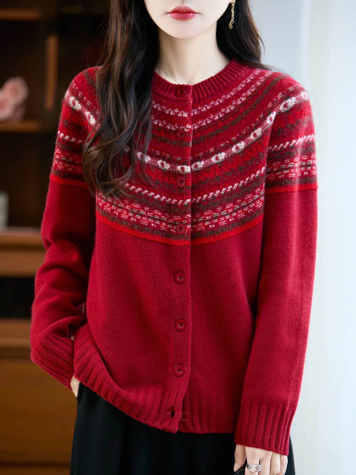 Romy | Fair Isle Yoke Button Front Boxy Knit Cardigan - View 8