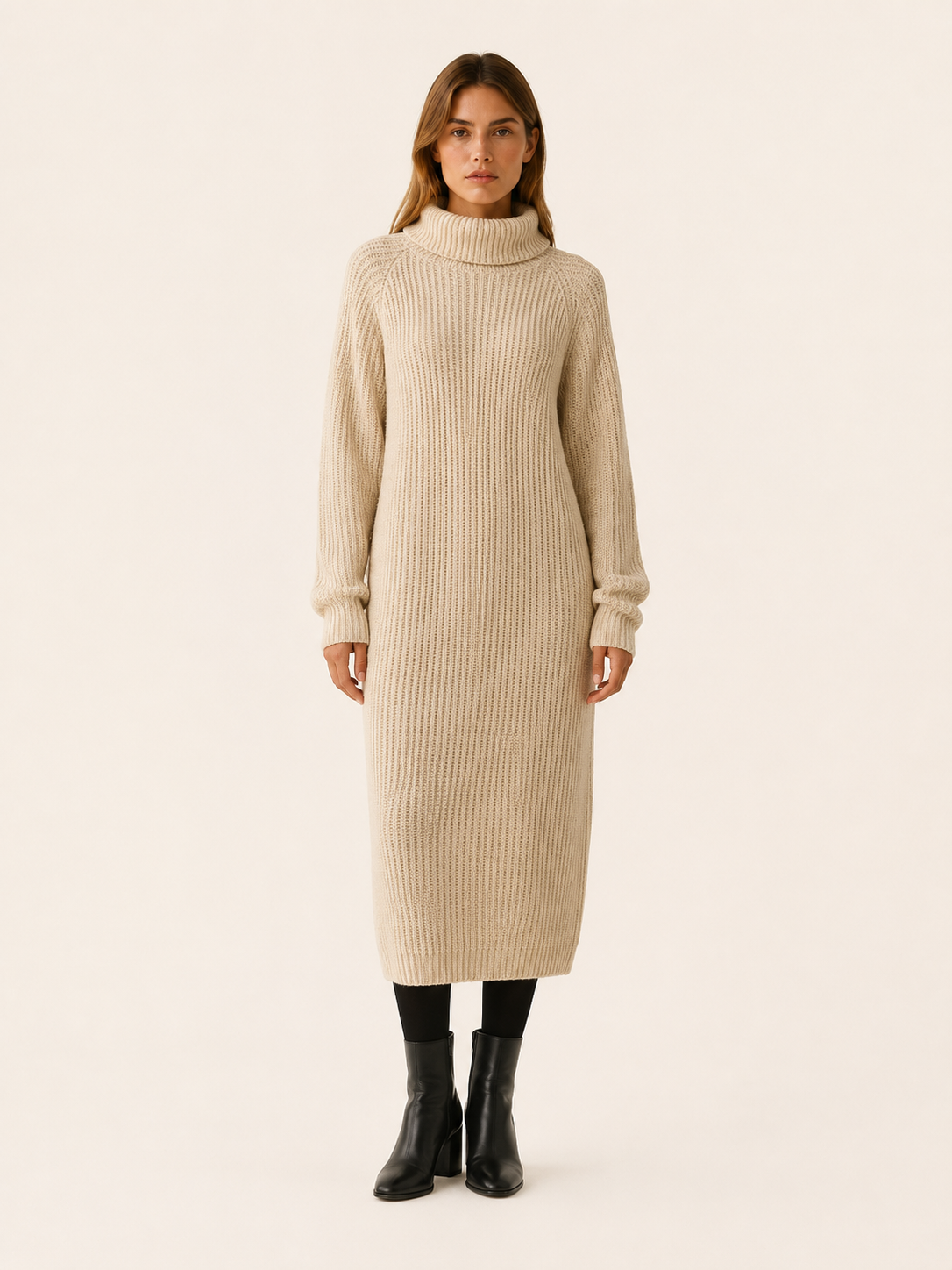 Rosalie | Chunky Rib Roll Neck Relaxed Knit Midi Dress