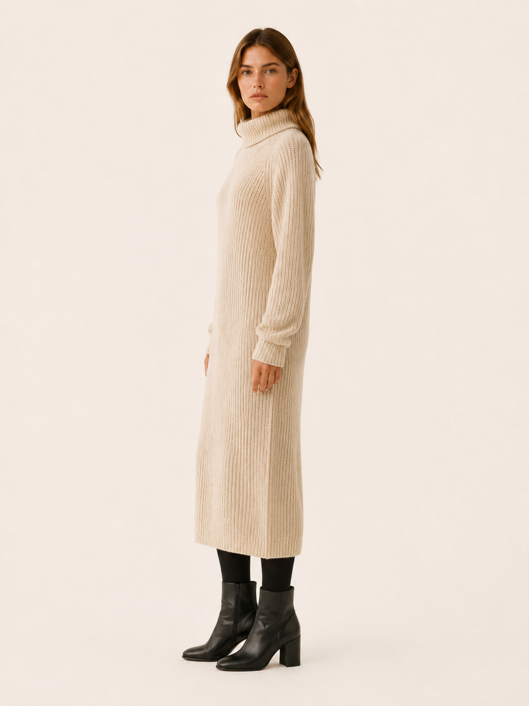 Rosalie | Chunky Rib Roll Neck Relaxed Knit Midi Dress - View 2