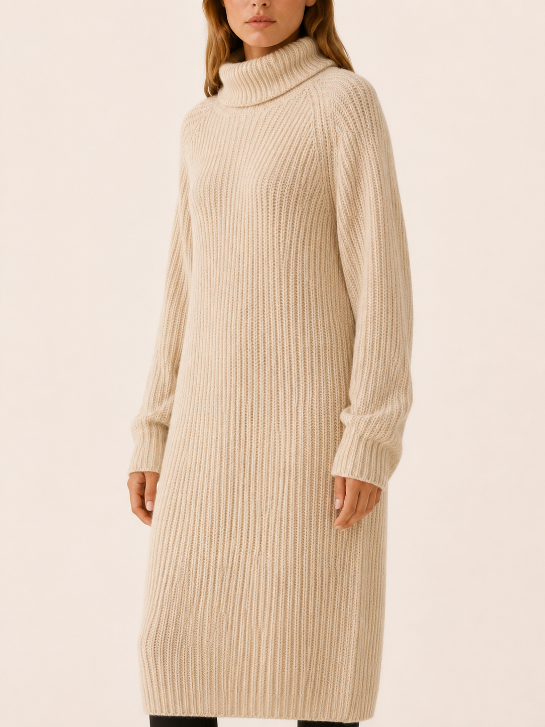 Rosalie | Chunky Rib Roll Neck Relaxed Knit Midi Dress - View 3