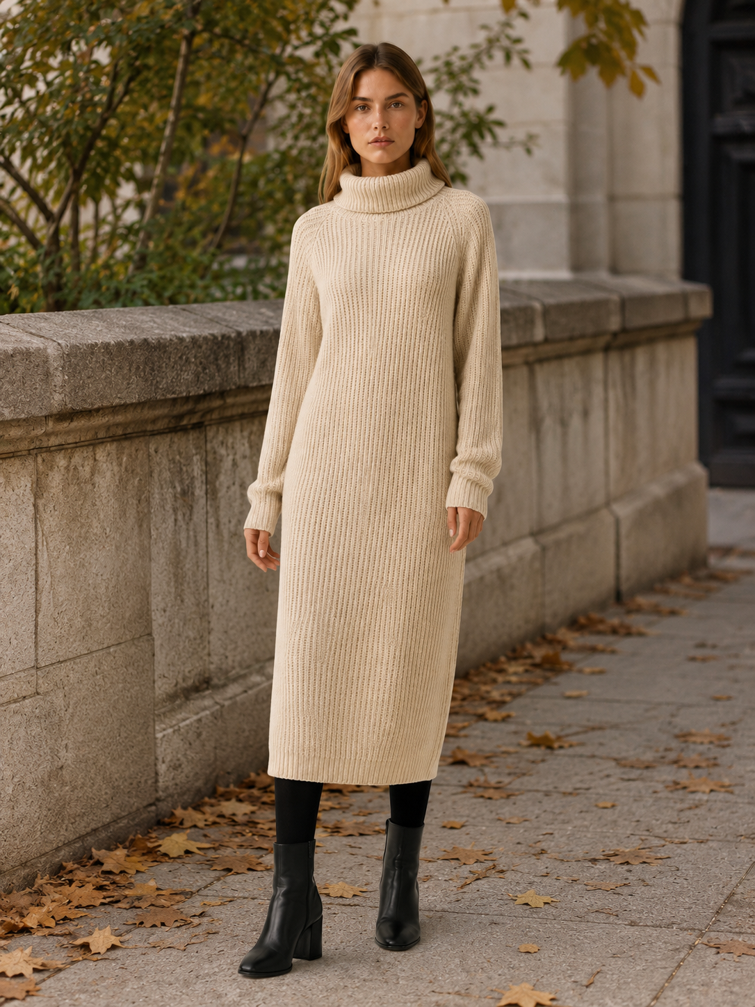 Rosalie | Chunky Rib Roll Neck Relaxed Knit Midi Dress - View 4