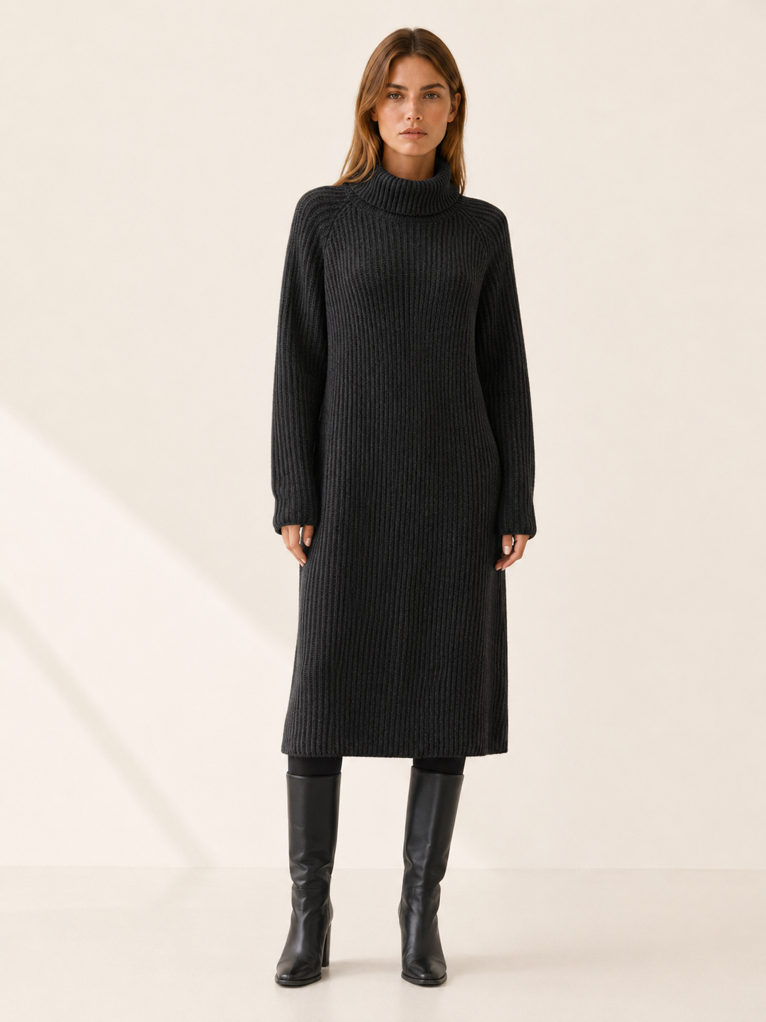 Rosalie | Chunky Rib Roll Neck Relaxed Knit Midi Dress - View 5