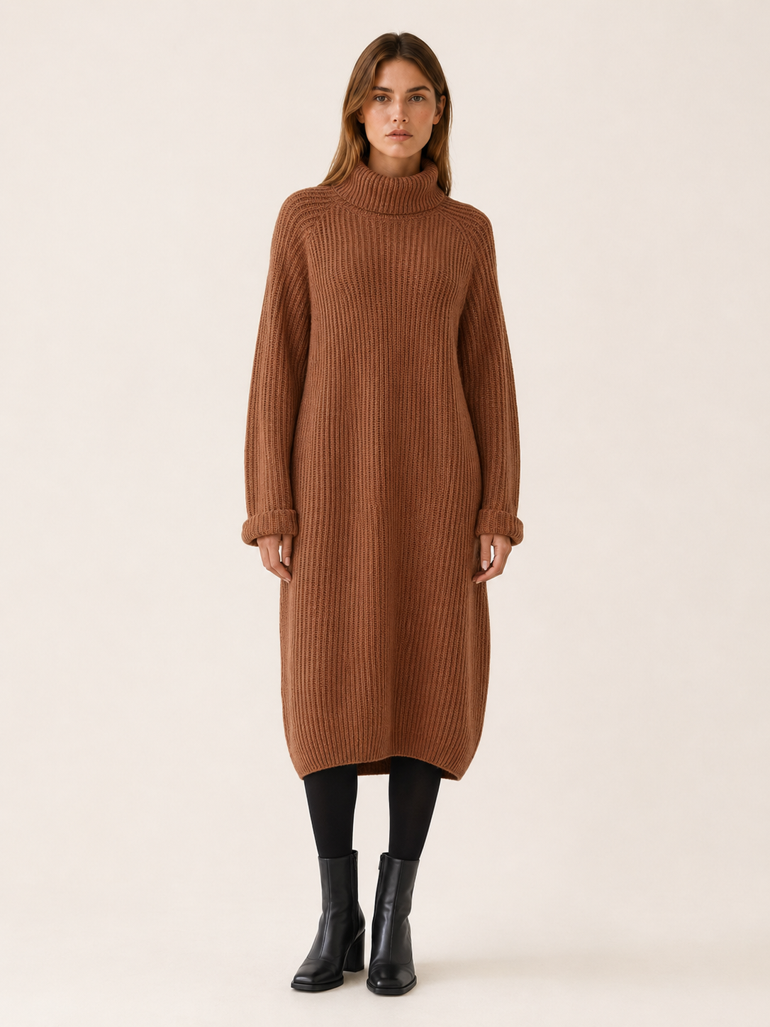 Rosalie | Chunky Rib Roll Neck Relaxed Knit Midi Dress - View 6