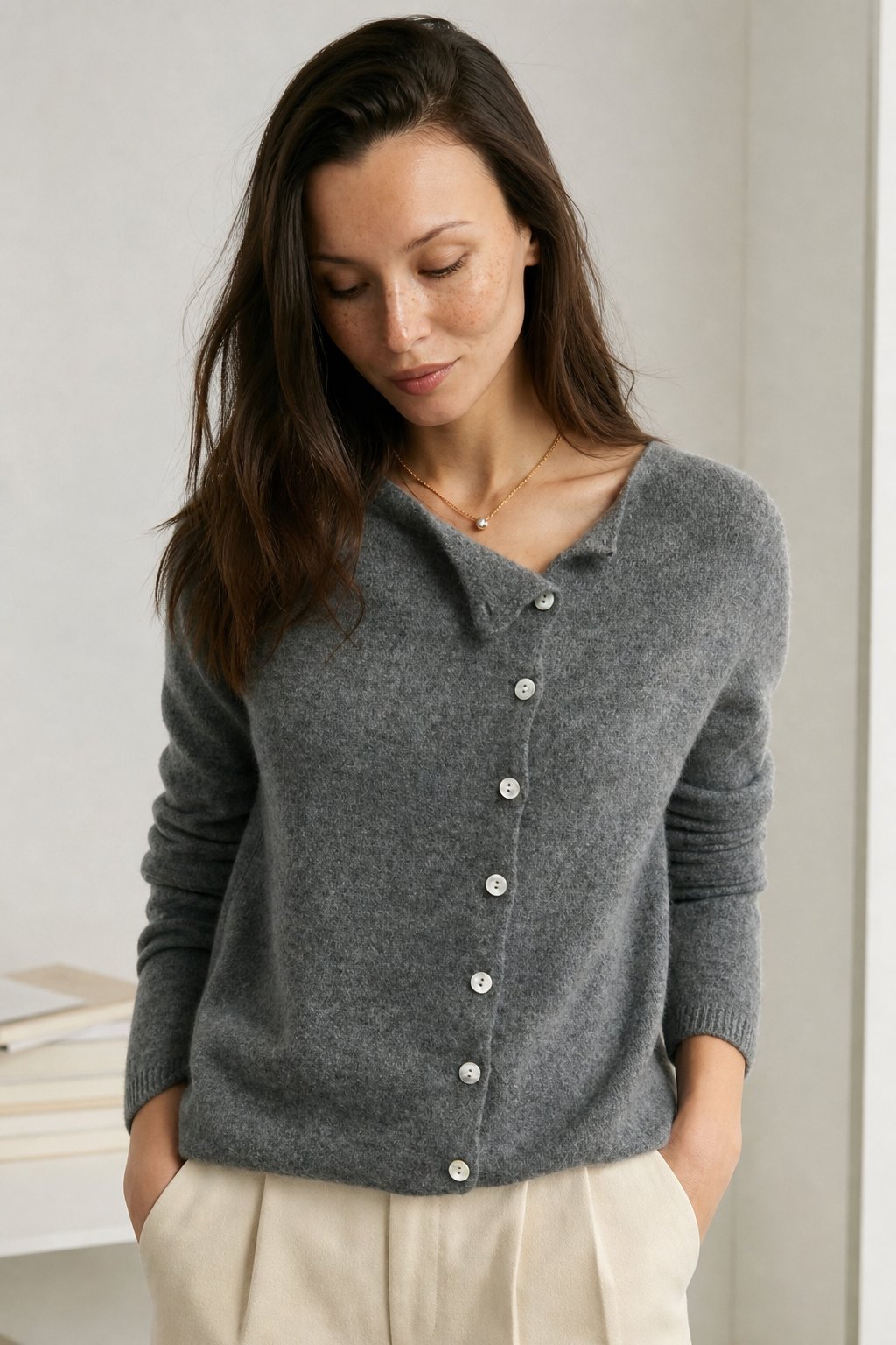Rosalind | Asymmetric Button Front Cashmere Knit Sweater - View 24