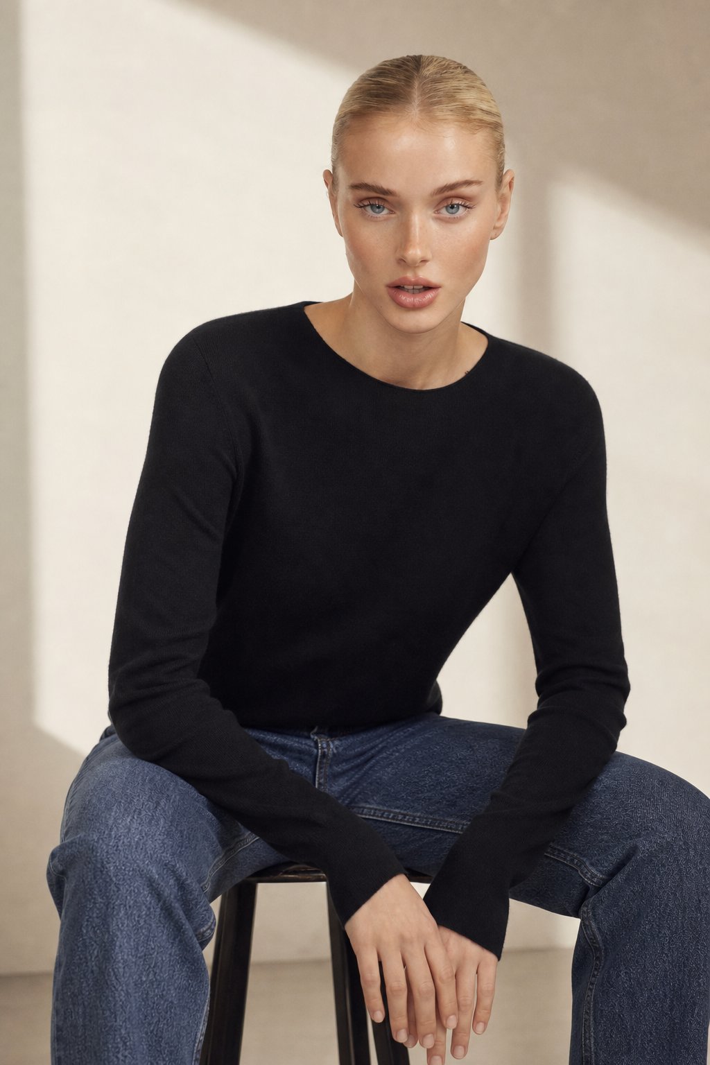 Rosamund | Slim Fine Knit Crew Neck Long Sleeve Tee - View 3