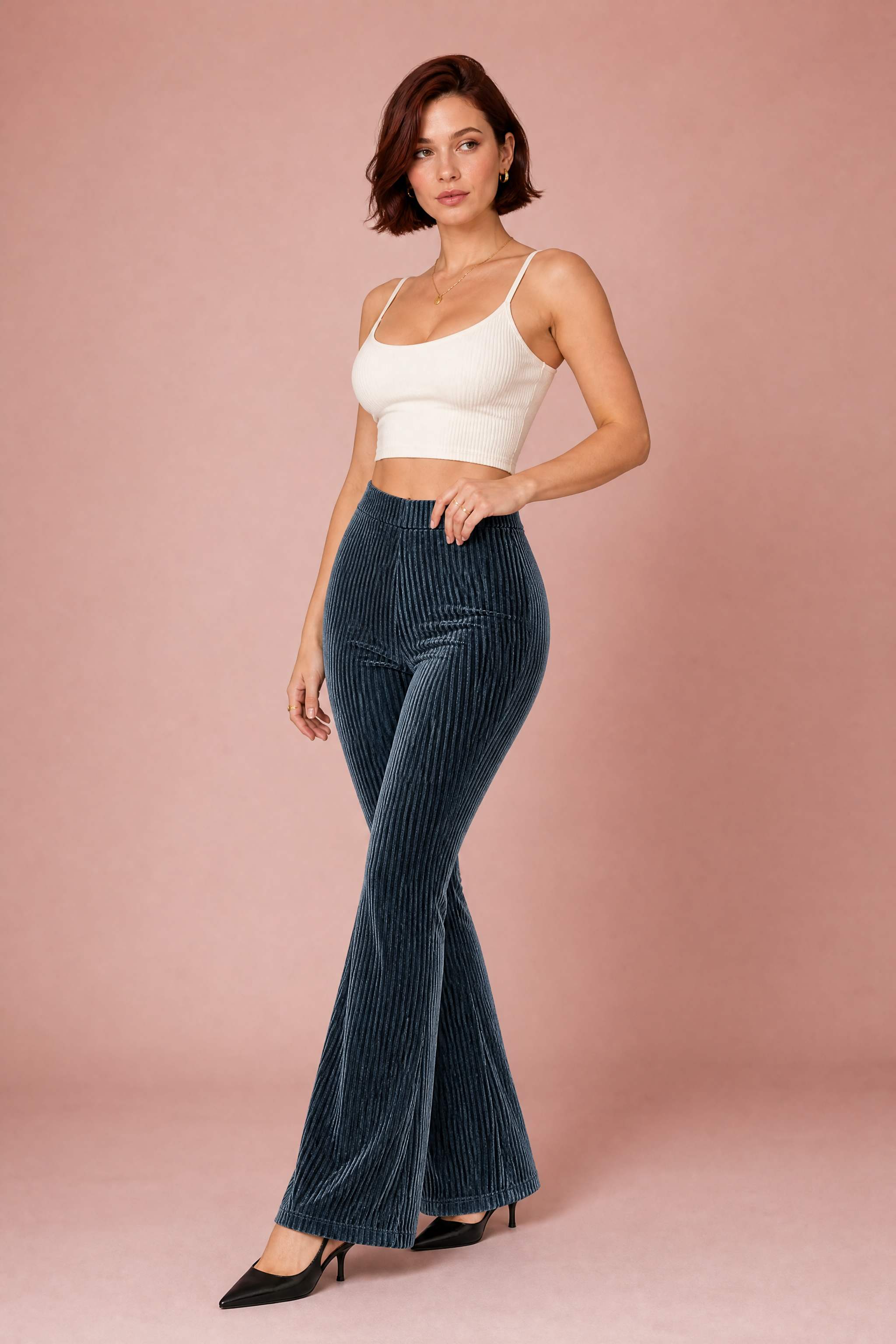 Sabine | Pull On Wide Wale Corduroy High Rise Flared Trousers