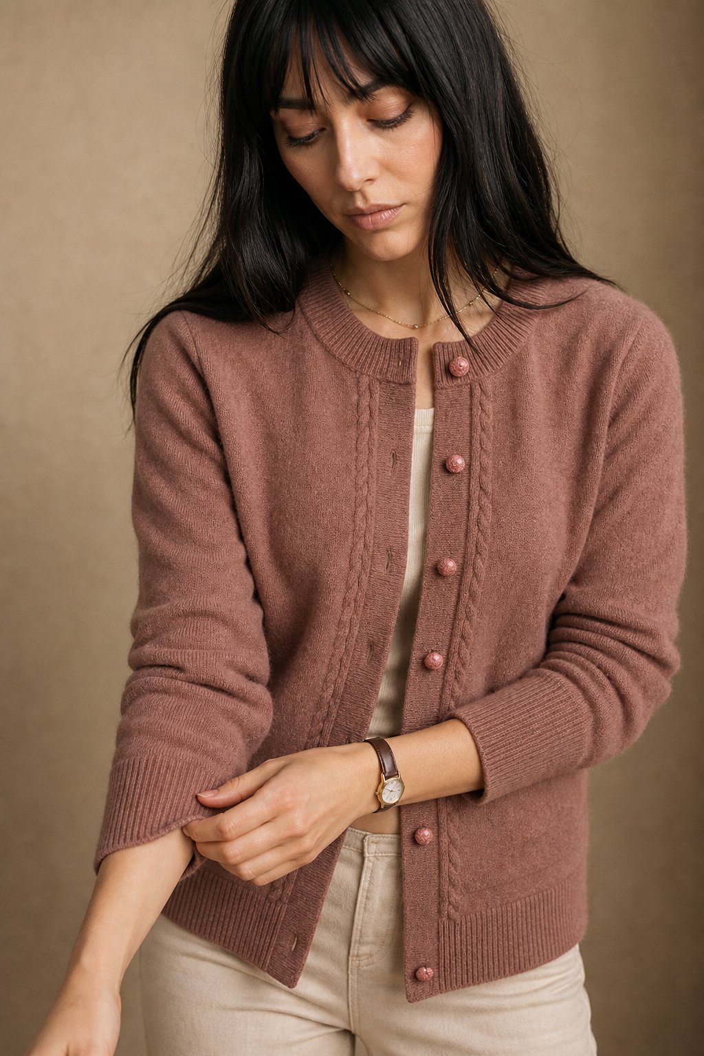 Sable | Cable Panel Trim Pearl Button Knit Cardigan