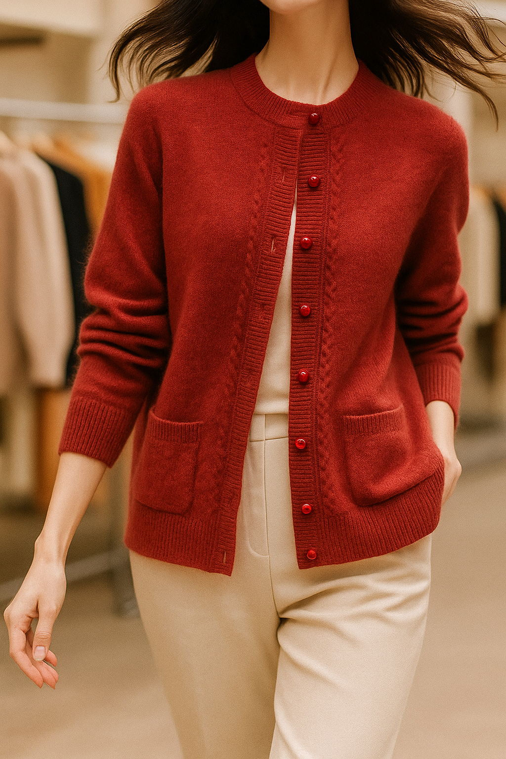 Sable | Cable Panel Trim Pearl Button Knit Cardigan - View 10
