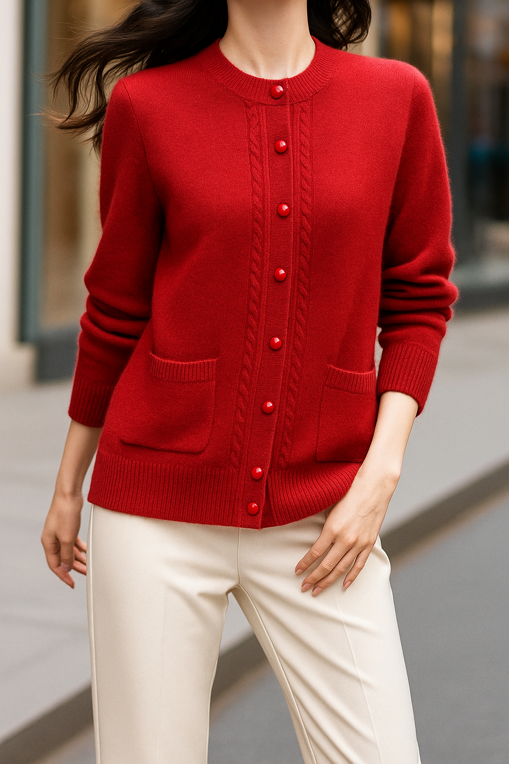 Sable | Cable Panel Trim Pearl Button Knit Cardigan - View 11