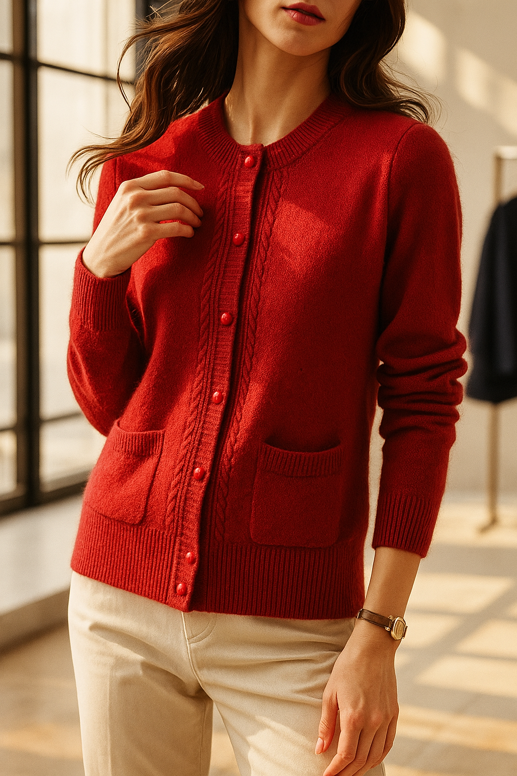 Sable | Cable Panel Trim Pearl Button Knit Cardigan - View 12