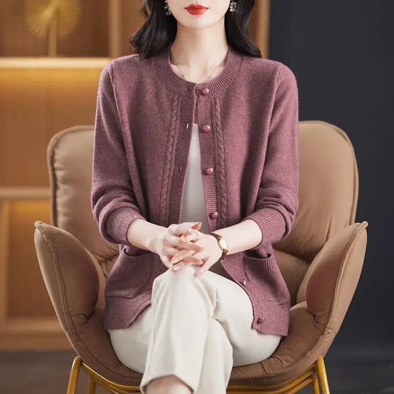 Sable | Cable Panel Trim Pearl Button Knit Cardigan - View 18