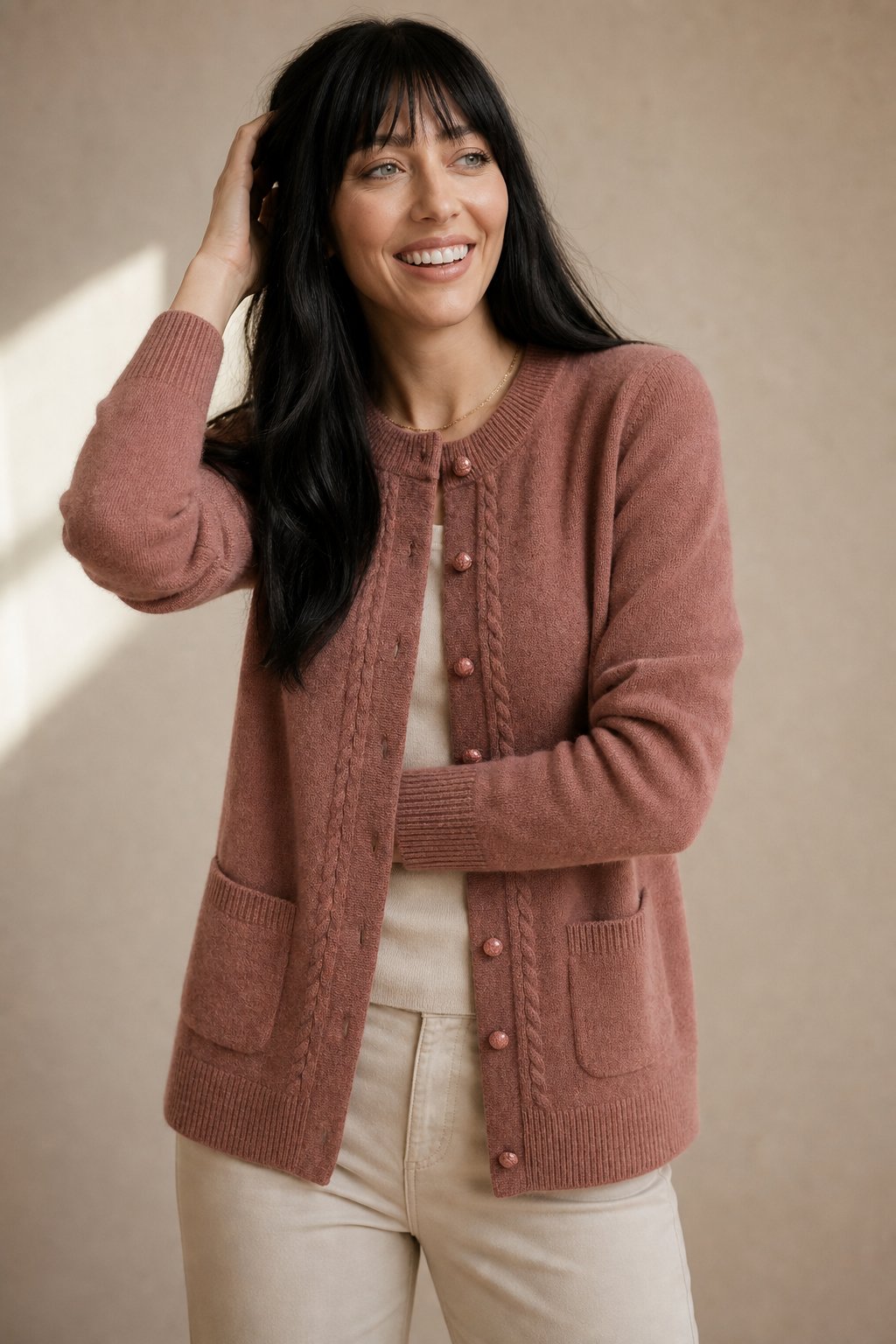Sable | Cable Panel Trim Pearl Button Knit Cardigan - View 2
