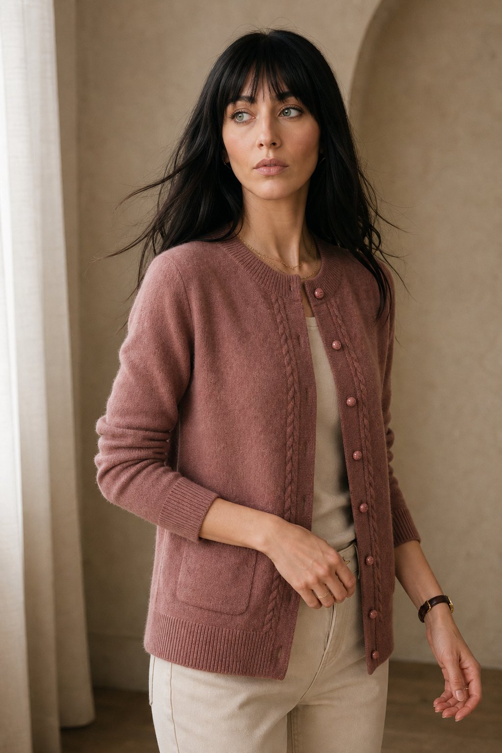 Sable | Cable Panel Trim Pearl Button Knit Cardigan - View 3