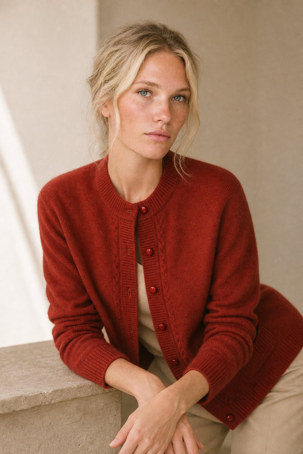 Sable | Cable Panel Trim Pearl Button Knit Cardigan - View 4