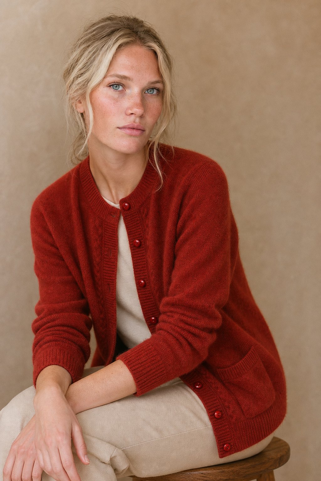 Sable | Cable Panel Trim Pearl Button Knit Cardigan - View 5