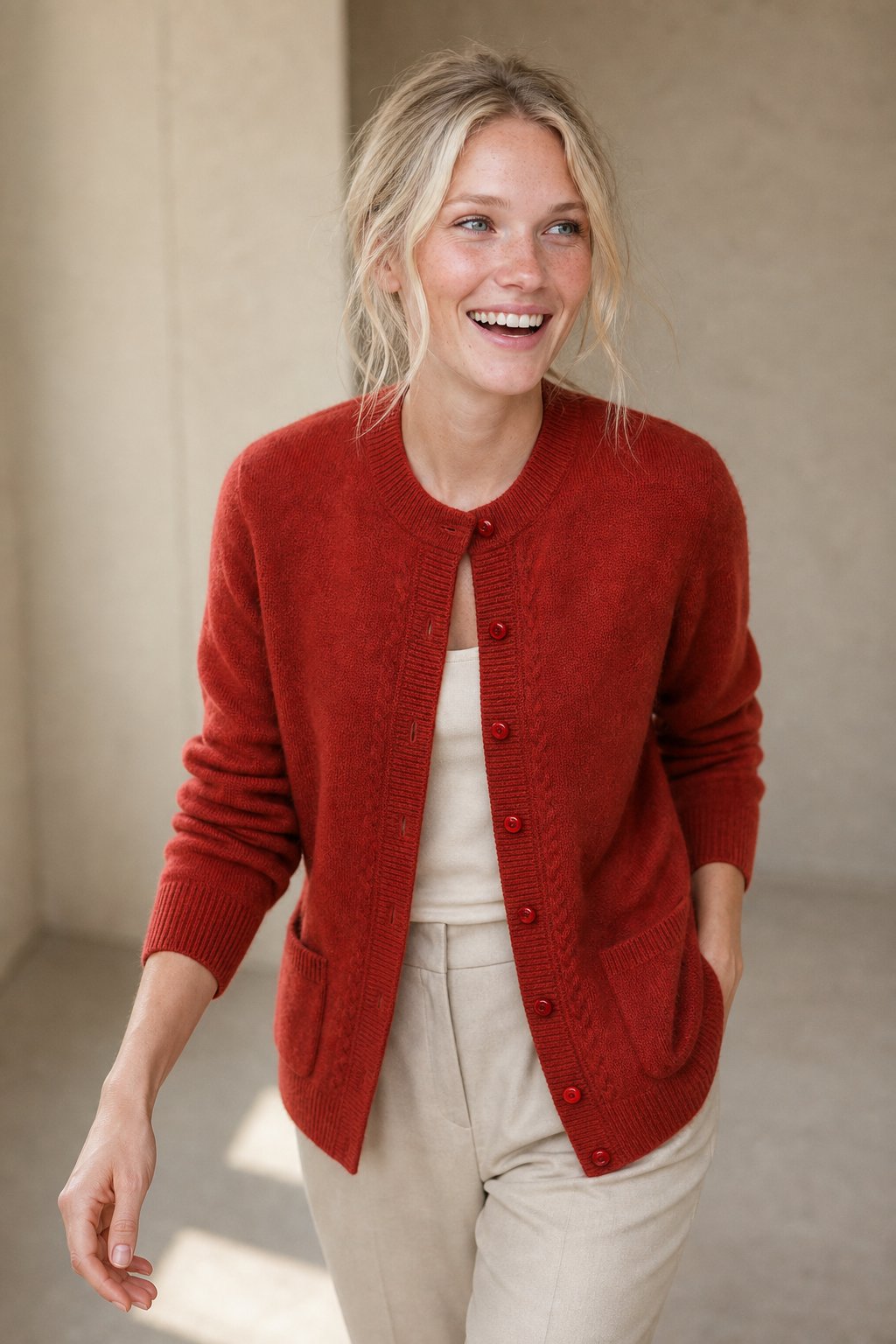Sable | Cable Panel Trim Pearl Button Knit Cardigan - View 6