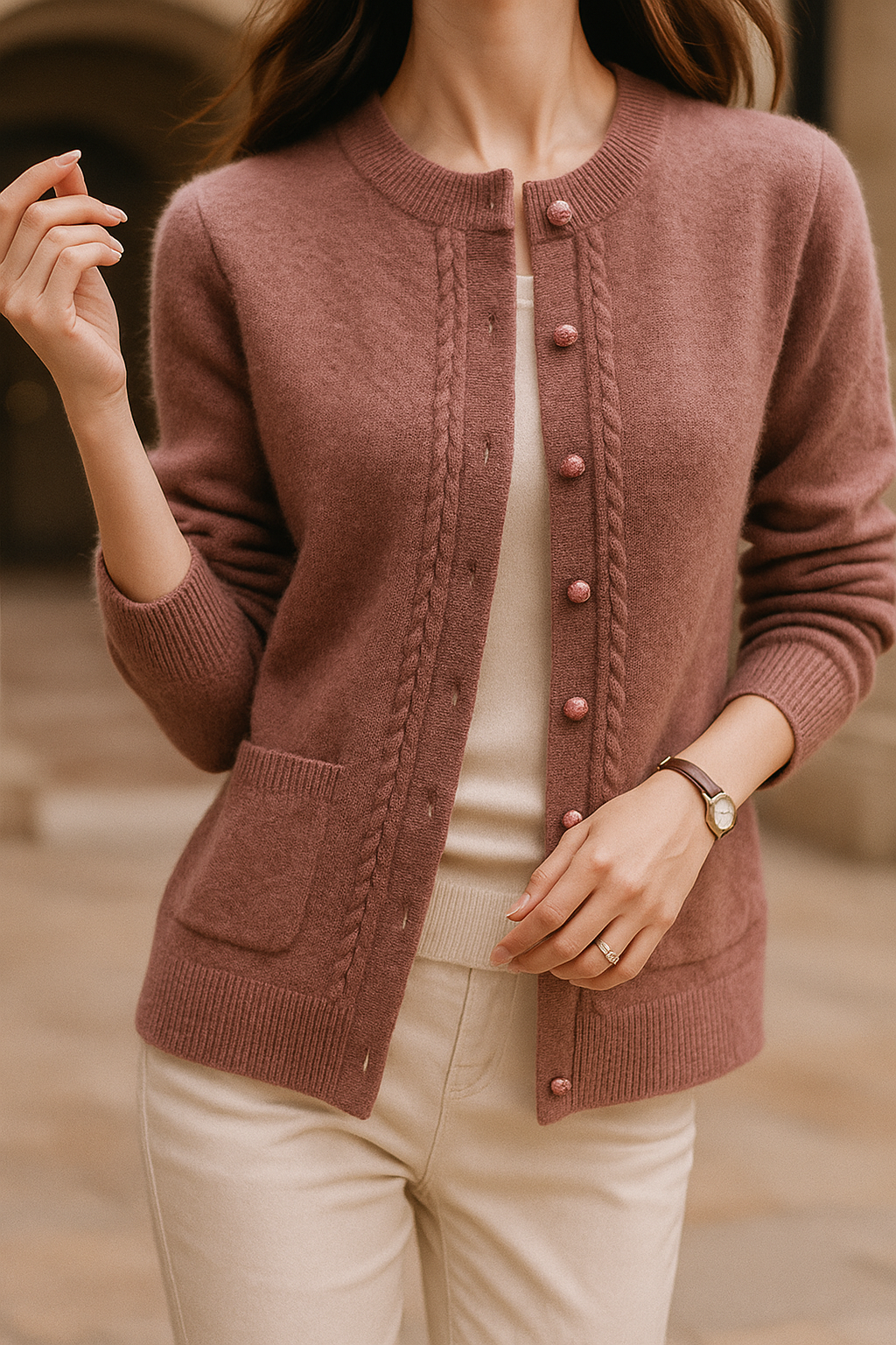 Sable | Cable Panel Trim Pearl Button Knit Cardigan - View 7