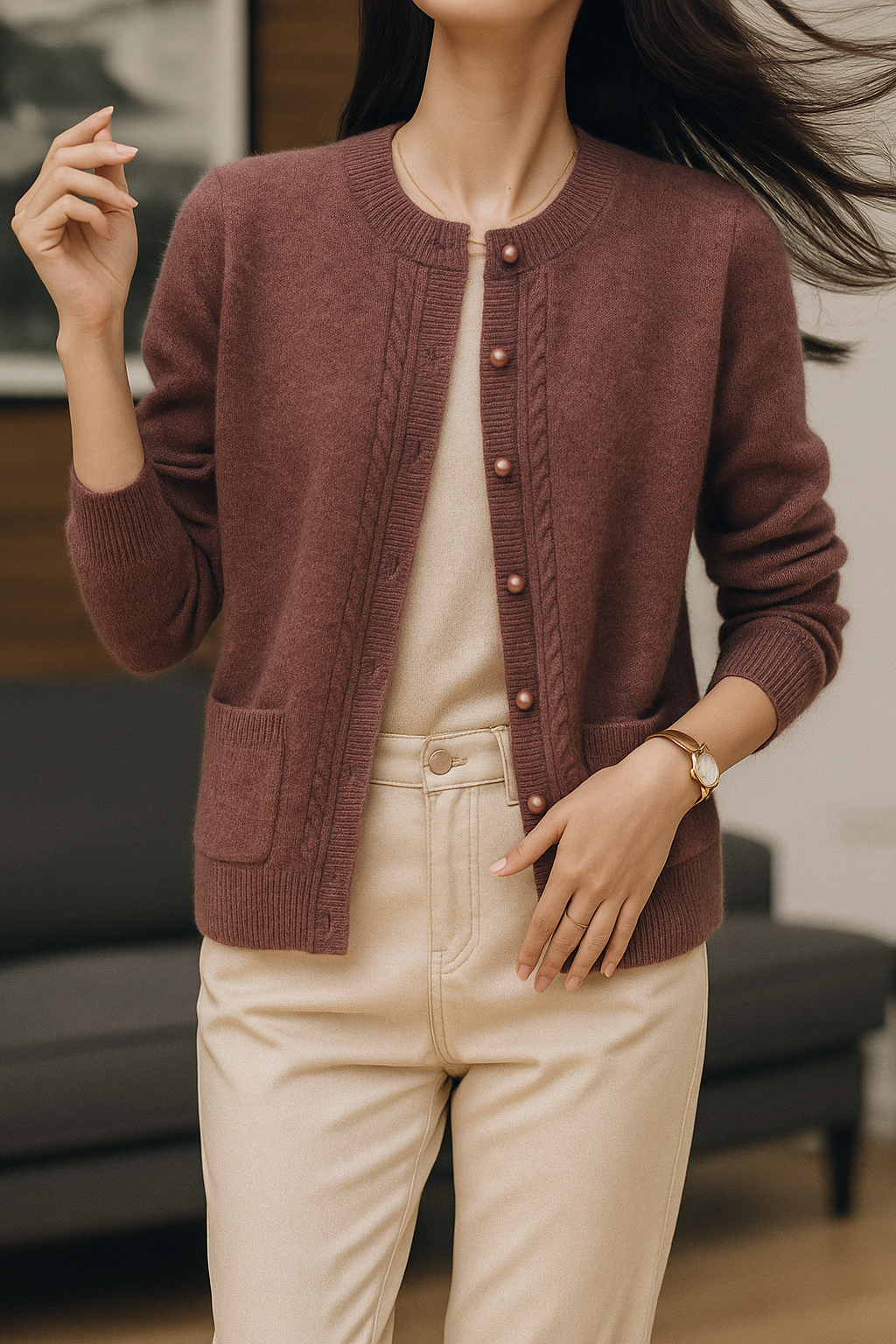 Sable | Cable Panel Trim Pearl Button Knit Cardigan - View 8