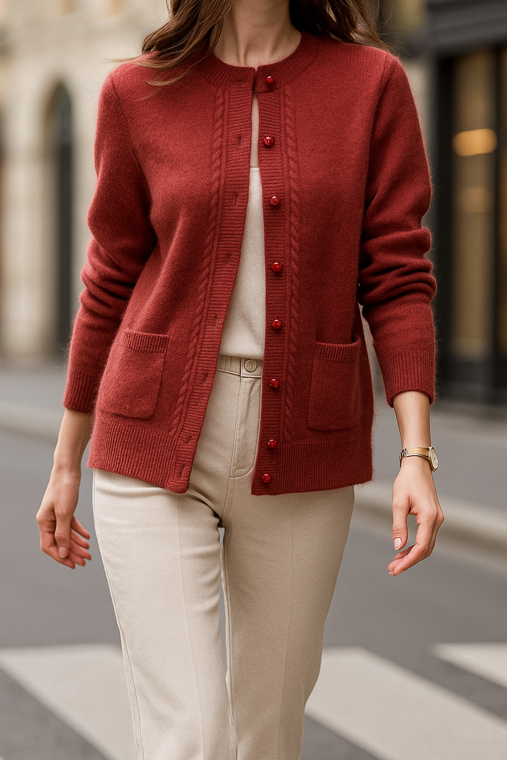 Sable | Cable Panel Trim Pearl Button Knit Cardigan - View 9