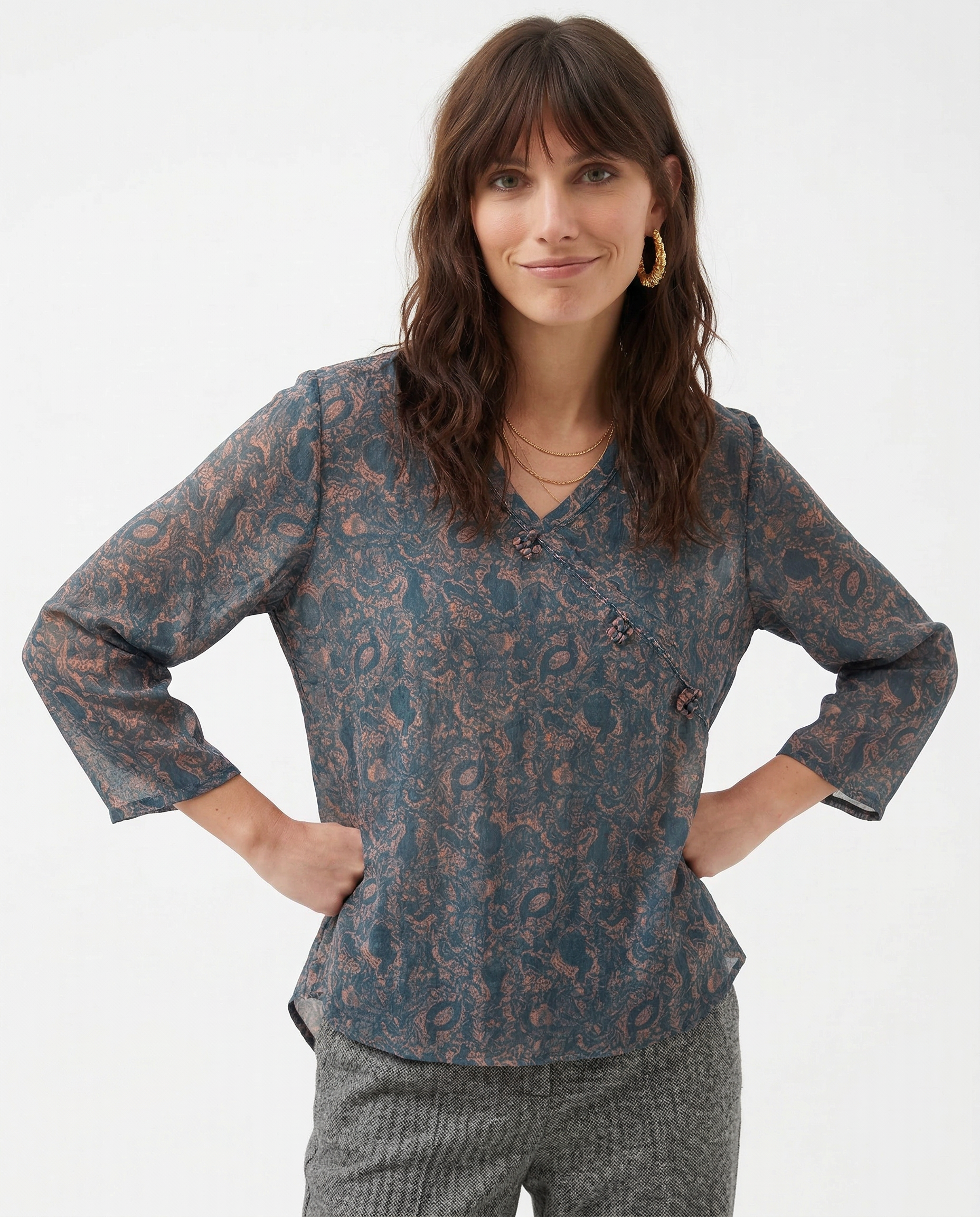 Saoirse | Paisley Print Knot Button Wrap Front Blouse - View 11