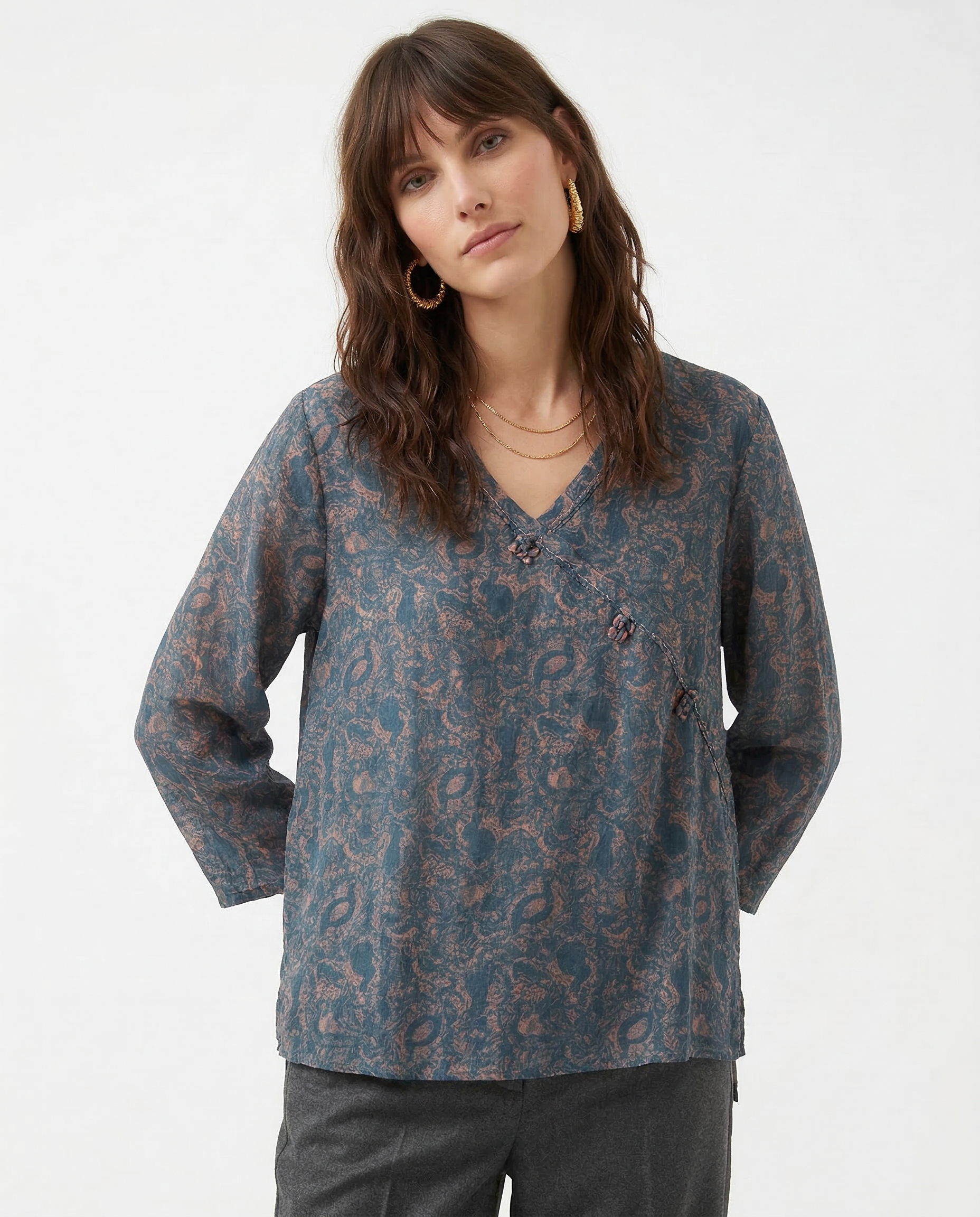 Saoirse | Paisley Print Knot Button Wrap Front Blouse - View 13