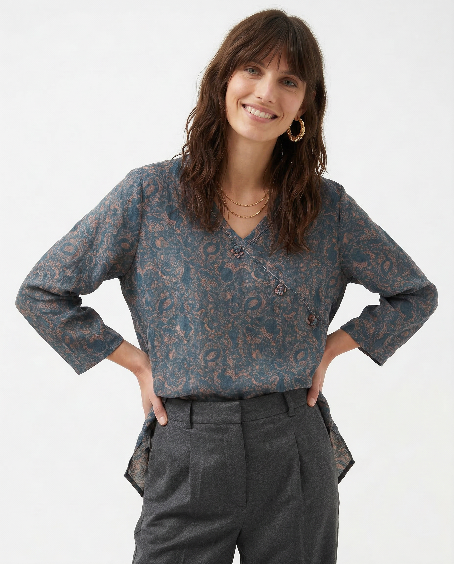 Saoirse | Paisley Print Knot Button Wrap Front Blouse - View 14